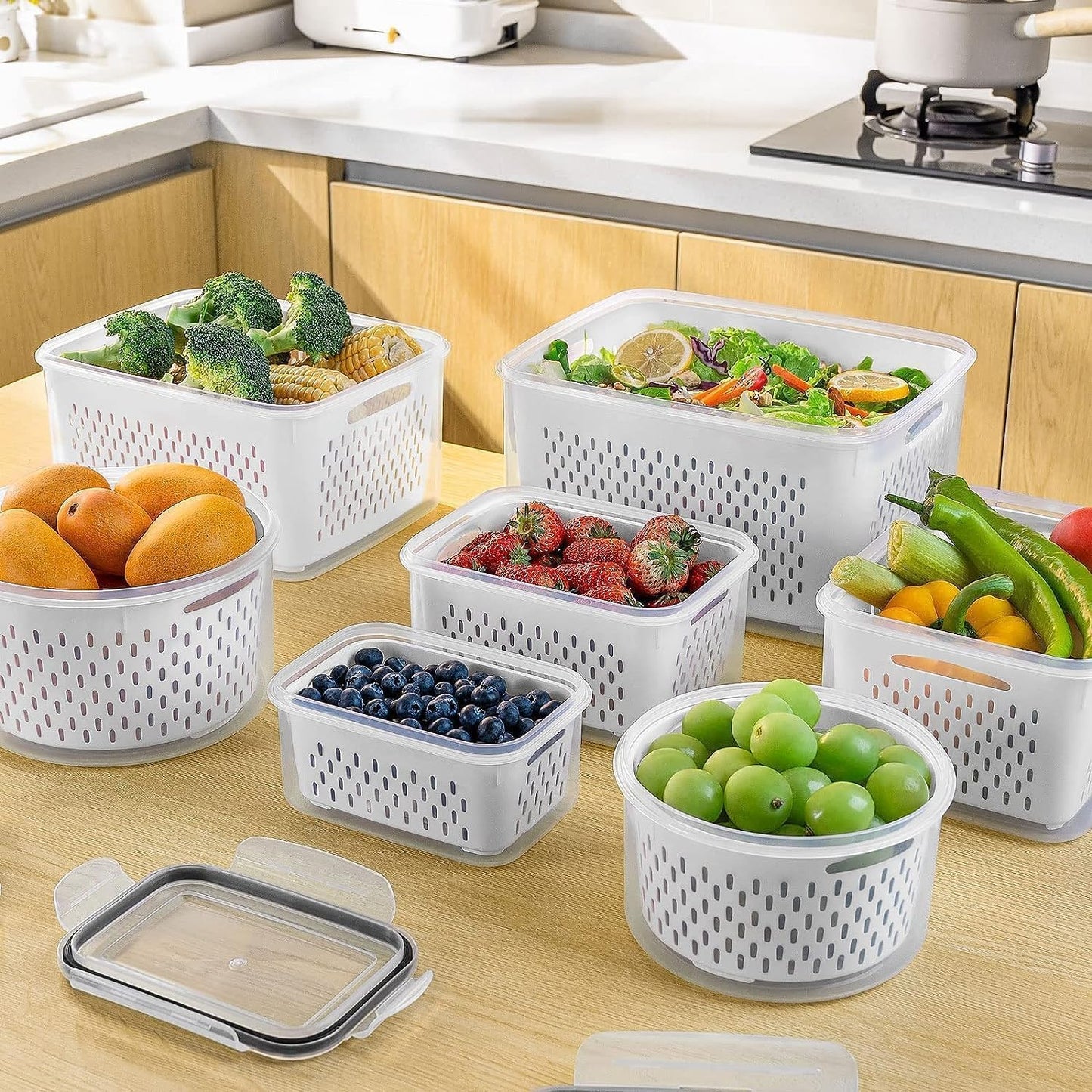 Freshmage Fruit Storage Containers for Fridge with Removable Colander, Airtight Food Storage Container, Dishwasher Safe Produce Saver for Refrigerator, Keep Berry Fruit Fresh Longer 10 pcs Large Clear