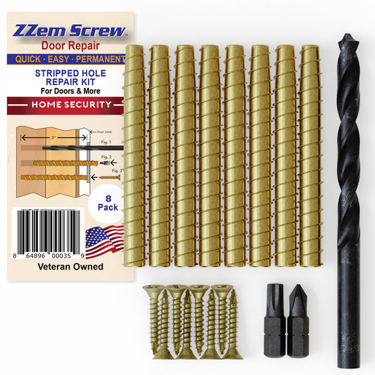 8 Pack Permanent Stripped Screw Hole Repair and Door Reinforcement Security Kit Repair Stripped Screw Holes and Sagging Doors in 3 Easy Step-Made in USA!
