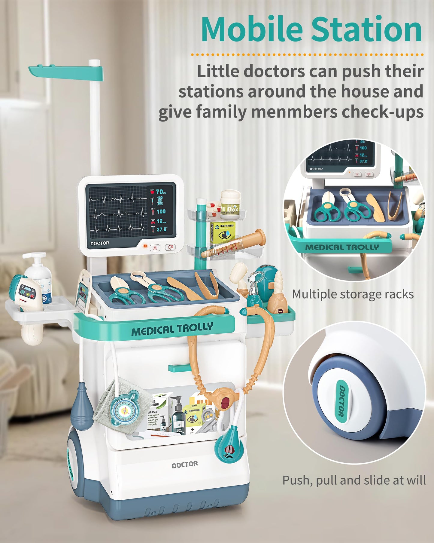 Jovow Doctor Kit for Kids, Pretend Medical Station Set for Boys & Girls,Pretend Medical Kit Toy, Mobile Cart with Sound and Light Functions, Kids Doctor Kit for Toddlers 3-5 Birthday Gift