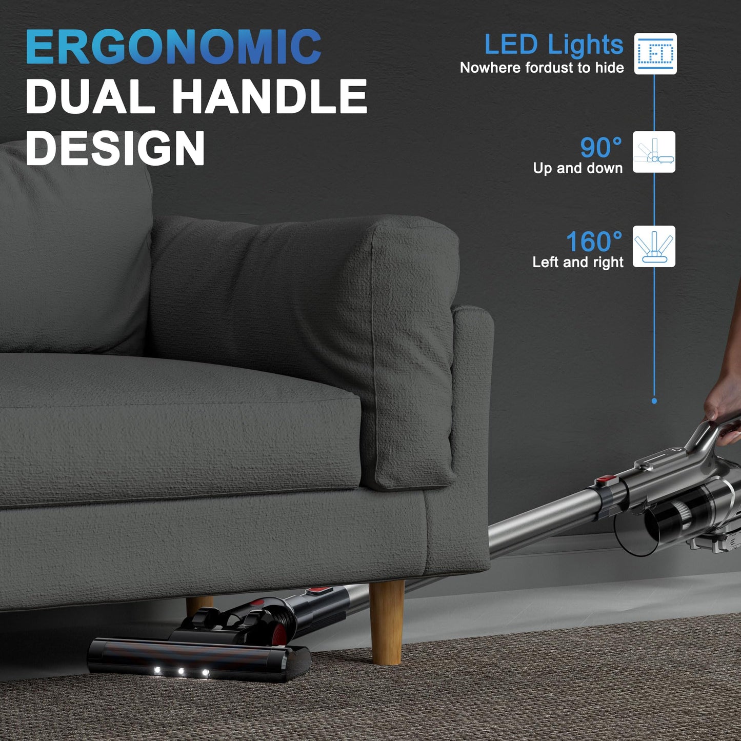 kzxkgxl Cordless Vacuum Cleaner, Lightweight Stick Vacuum Cordless Rechargeable with LED Touch Screen, 2 Modes Powerful Suction Vacuum Cleaners for Home Pet Hair, Carpets, Hardwood Floors