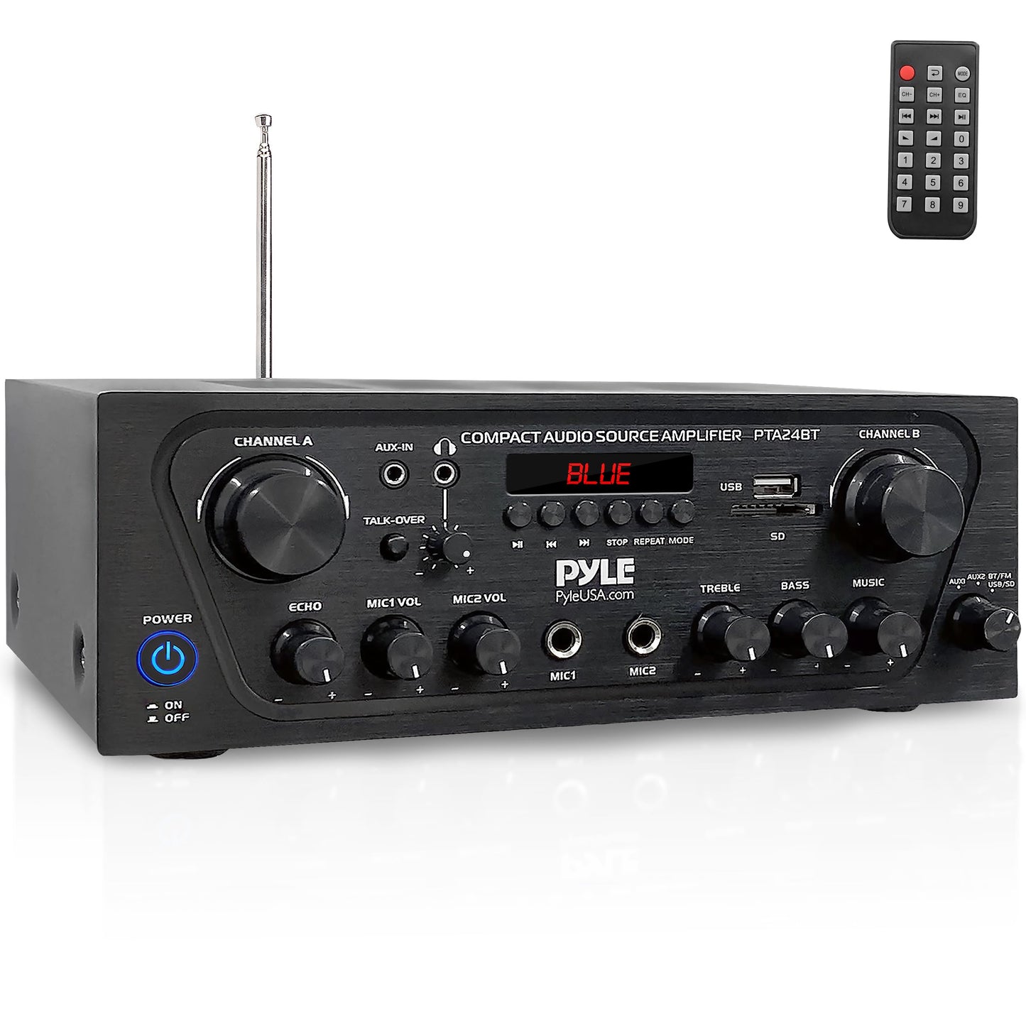 Pyle -Upgraded- 2 Channel Karaoke Home Audio Amplifier w/Bluetooth for Streaming, AUX-in, USB, 2 Microphone Input w/Echo Effect, Talkover for PA, Compact Footprint, Black
