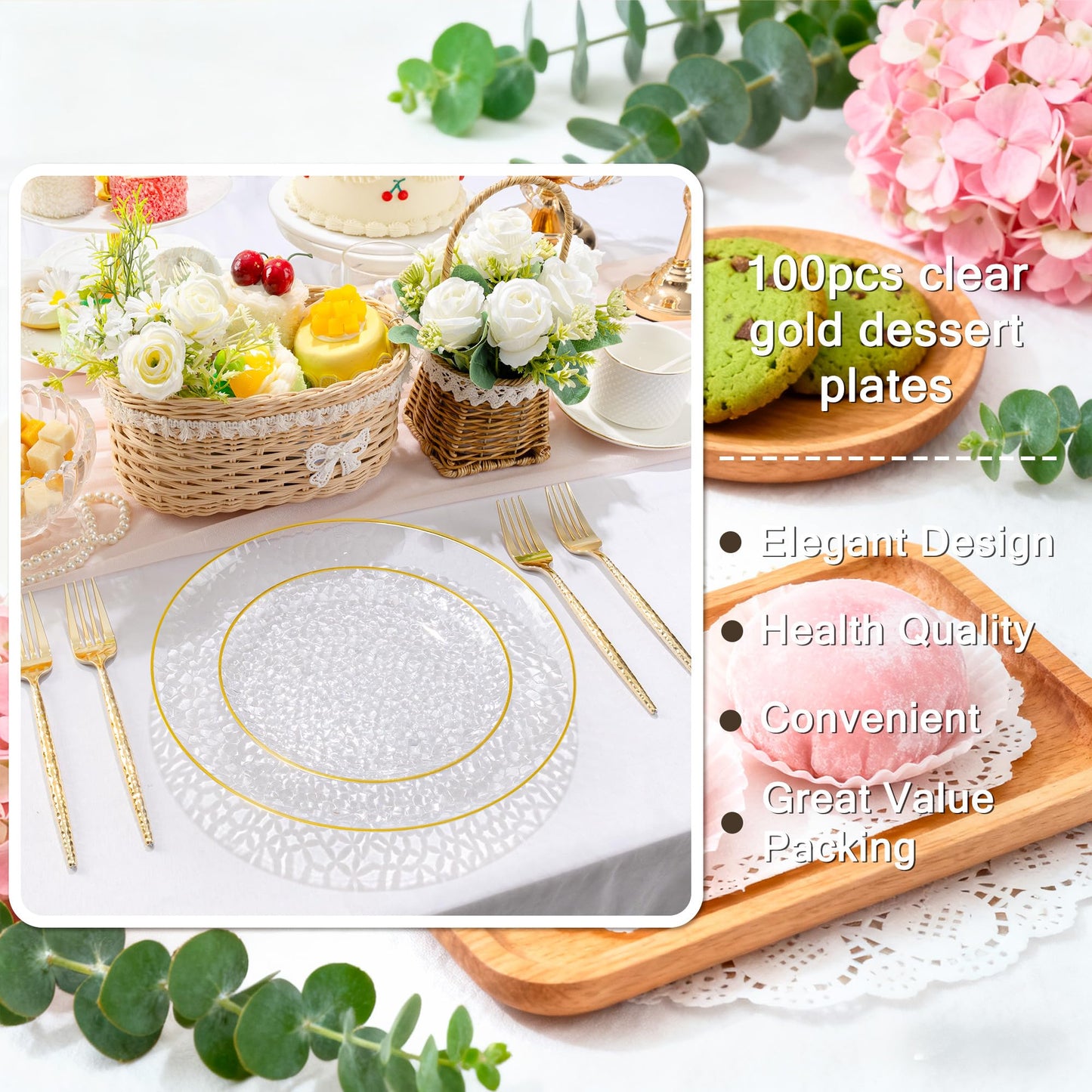 Rubtlamp 200 Pcs Clear Gold Dessert Plates 7" with Forks 7.6",Clear Plastic Hammered Platos, Dessert Plates Disposable, Heavy Duty Party Platos Include 100platos and 100forks for Party&Birthday