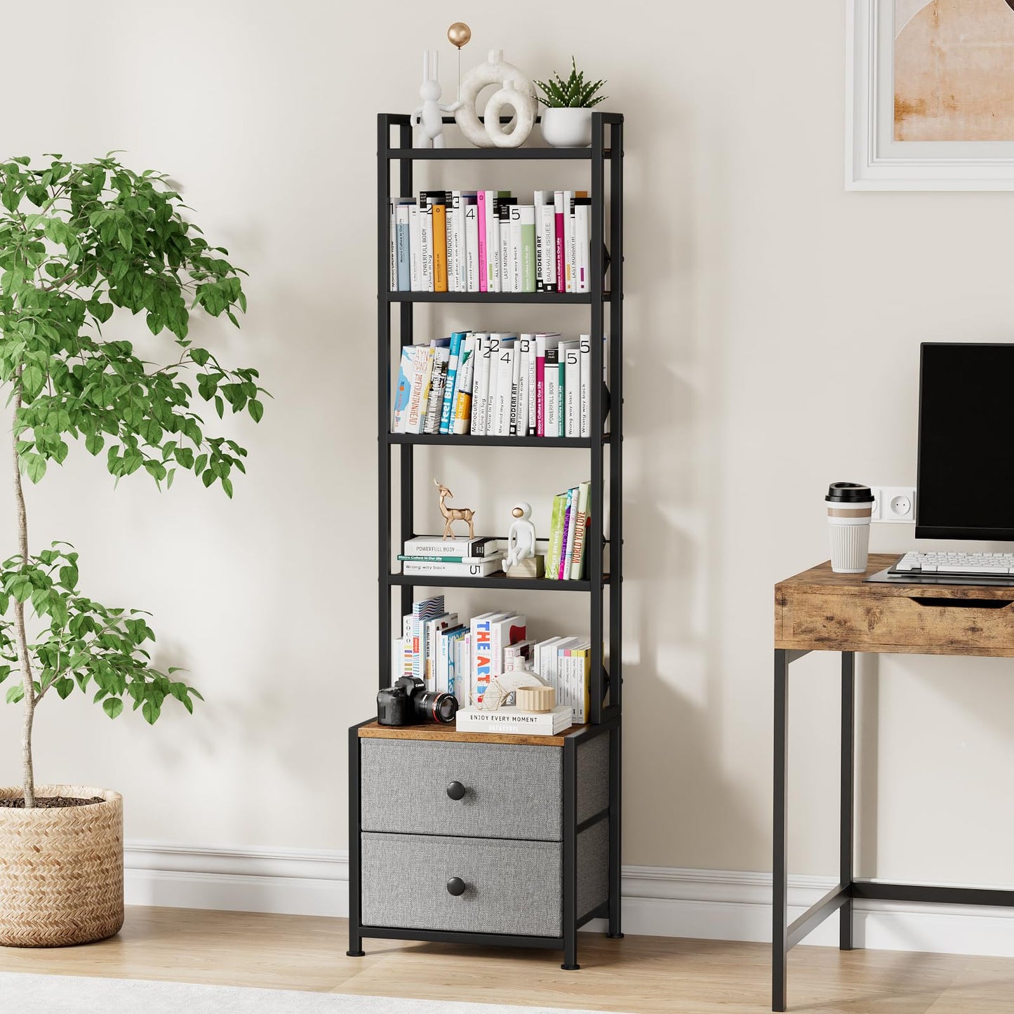 Epouseter CD Storage Rack with Drawer, 5-Tier DVD Organizer Shelf w/Adjustable Book Stoppers, Media Storage Rack for CD/DVD, Books & Games, Ideal for Living Room & Home Office – 15.7x11.8x56.5Inches