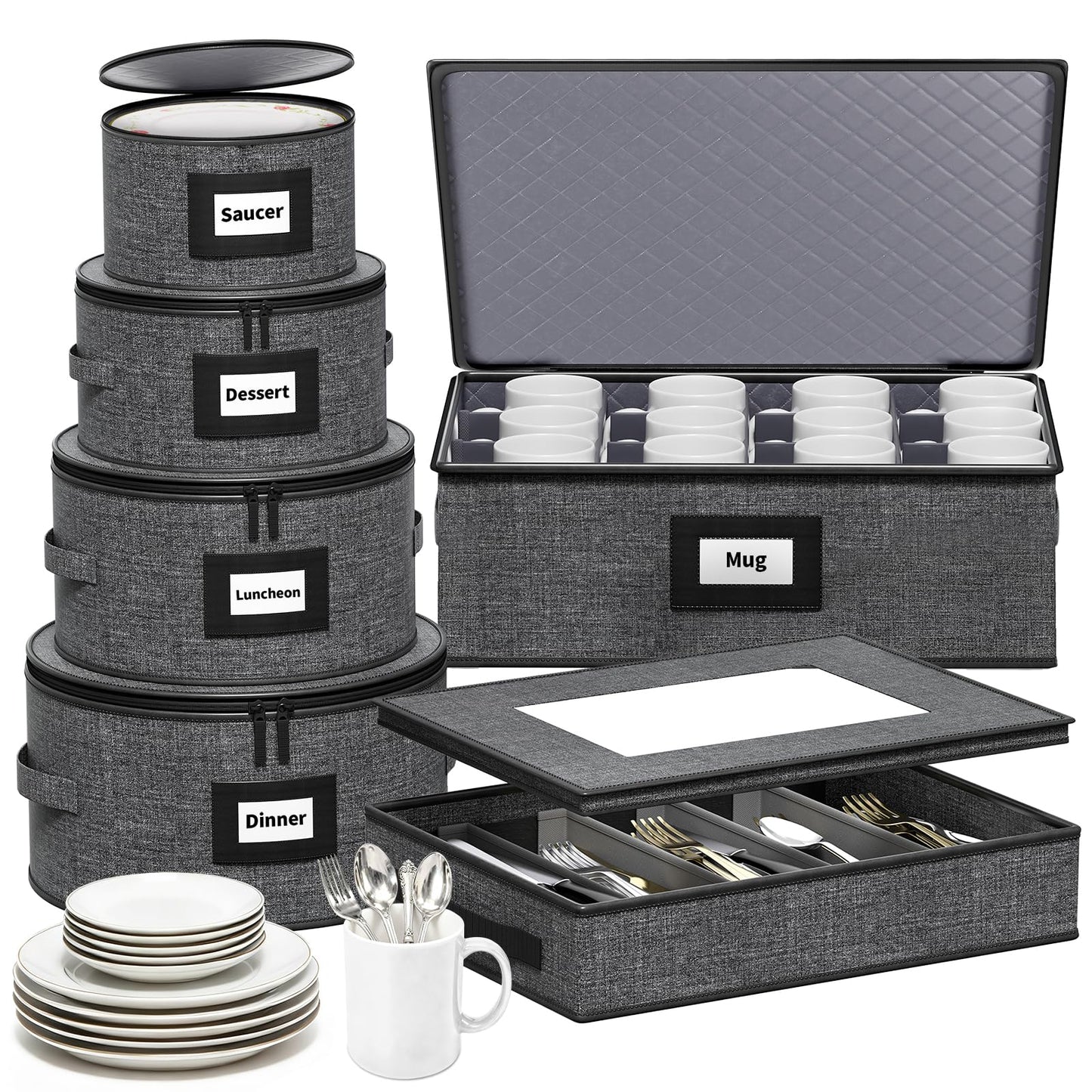 Aokeyee 6-Piece China Storage Containers Set, Hard Shell Moving Boxes for Dishes, Plates, Mugs & Flatware – Dinnerware Organizer with Soft Dividers, Sturdy Handles & Zippers, Grey