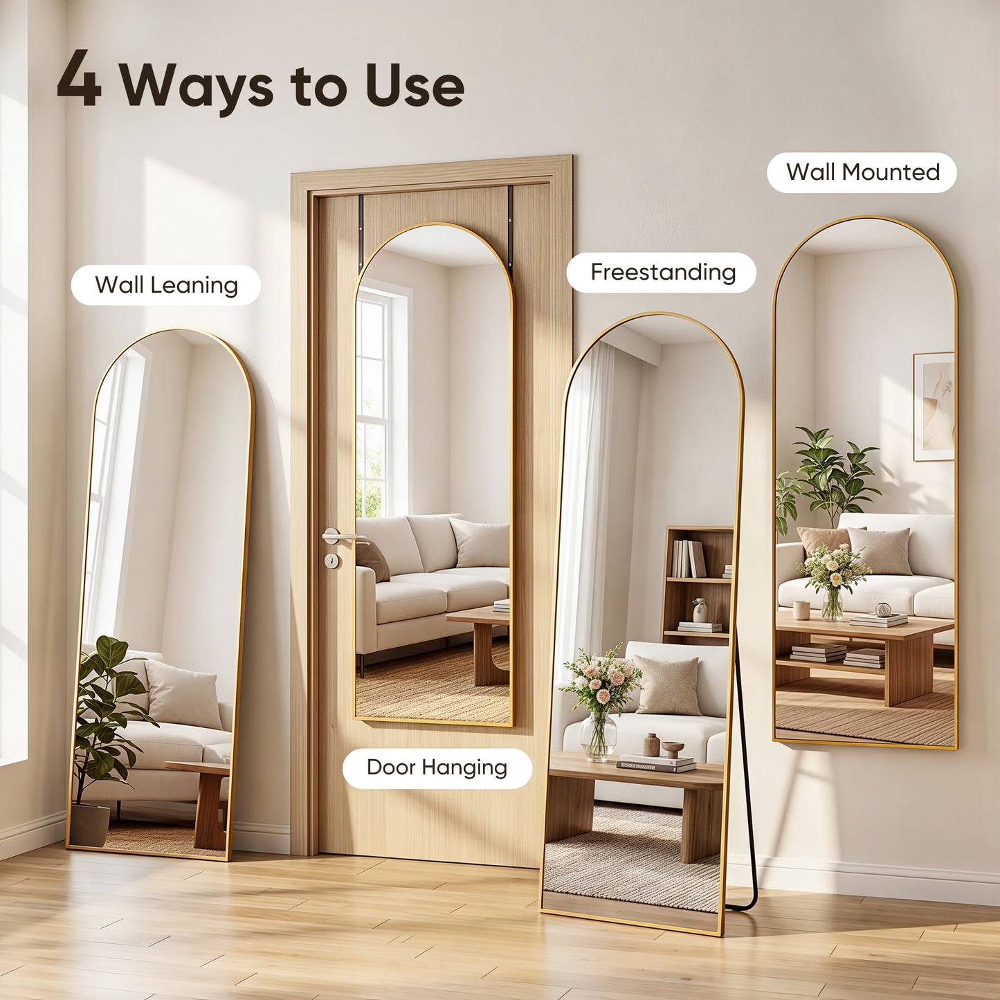 Homsion 58"x20" Over The Door Mirror, Arched Full Length Mirror with Aluminum Frame, Adjustable Hooks, Wall Mounted or Standing for Bedroom Living Room, Gold