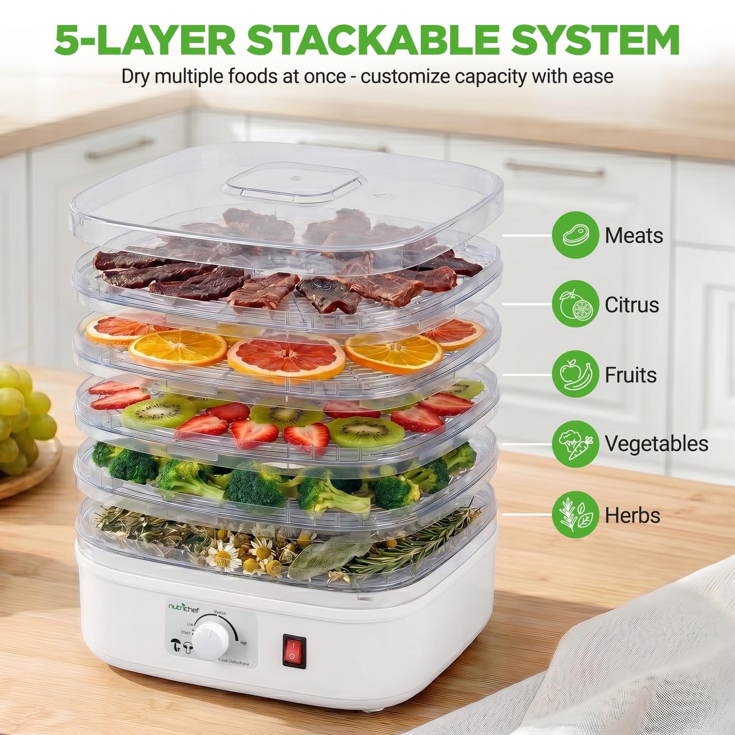 Nutrichef Food Dehydrator Machine | Multi-Tier Appliance for Home Use | Perfect for Beef Jerky, Fruits, Vegetables & Dog Treats | High-Heat Circulation | 5 Stackable Trays