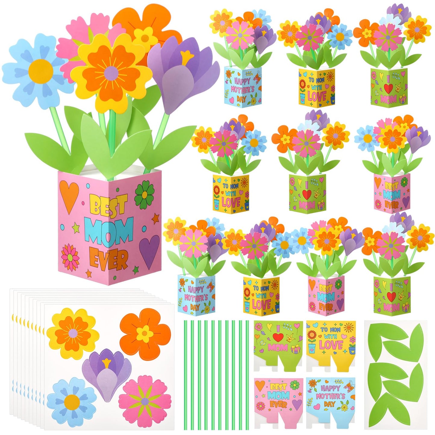 Motipuns 16 Set Mother's Day Flower Pot Crafts DIY Spring Floral Bouquet Crafts Kit Make Your Own Standing Flower Pot Handmade School Exchange Gift for Kids Party Activity Mom Teacher Appreciation