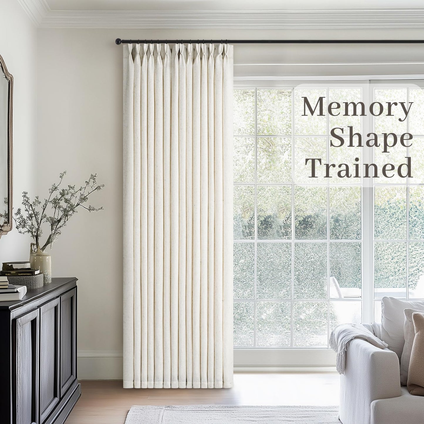 90 inch Pinch Pleated Linen Curtains for Living Room Bedroom Natural Ivory Birch Boho Country Thick Linen Textured Light Filtering Pinch Pleat Drapes Back Tab Semi Sheer Window Curtain 2 Panels
