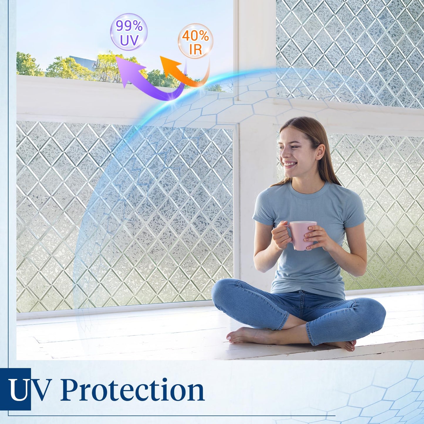 Haton Window Privacy Film Decorative Frosted Glass Window Film, Sun Blocking Stained Glass Clings, Static Cling Removable Stickers for Home Door Coverings, Lattice Pattern 35.4" x 157.4"