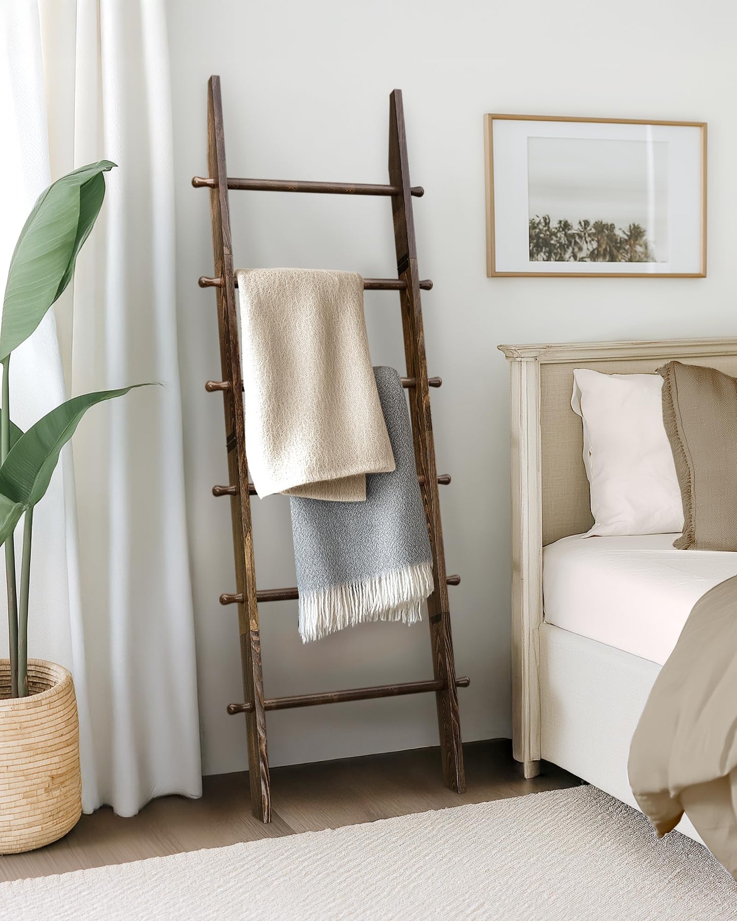 TEAKMAMA 6-Tier Blanket Ladder with Hanging Knobs,5.5 Ft Wall Leaning Blanket Ladders for Living Room Bedroom,Rustic Decorative Storage for Quilts,Throws,Easy to Assemble,Rustic Brown