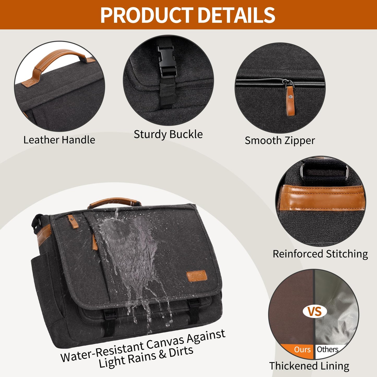 ESTARER Messenger Bag 17-17.3 Inch, Men's Computer Satchel Water-resistant Canvas, Teacher Laptop Briefcase for Work Office College, Dark Grey