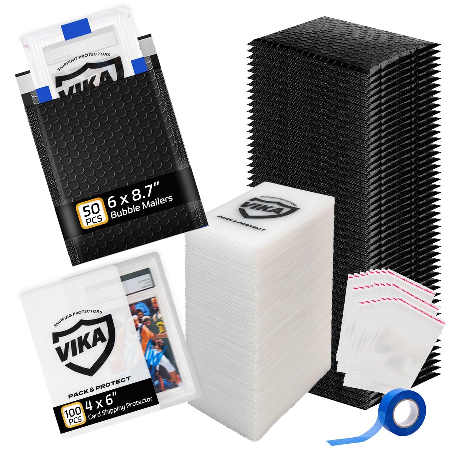 VIKA Trading Card Shipping Kit - 100 Pcs 4''x6'' Trading Card Shipping Protectors, 50 Pcs 6''x8.7'' Envelope Bubble Mailers, 20M Painter’s Tape, 50 Cellophane Bags, Fits PSA/BGS/CGC Slabs, Raw Cards