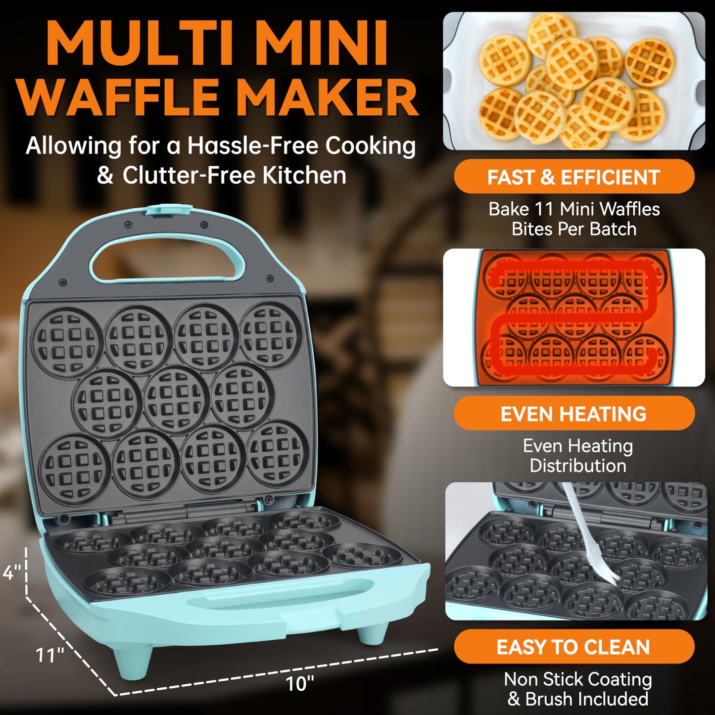 Baker's Friend, Bite-size Mini Waffle Maker for Kids & Adults, Small Waffle Maker Mini Belgian Waffle Machine, 11 X 2.2” Tiny Nonstick Waffles Iron, Recipe Included, Aqua