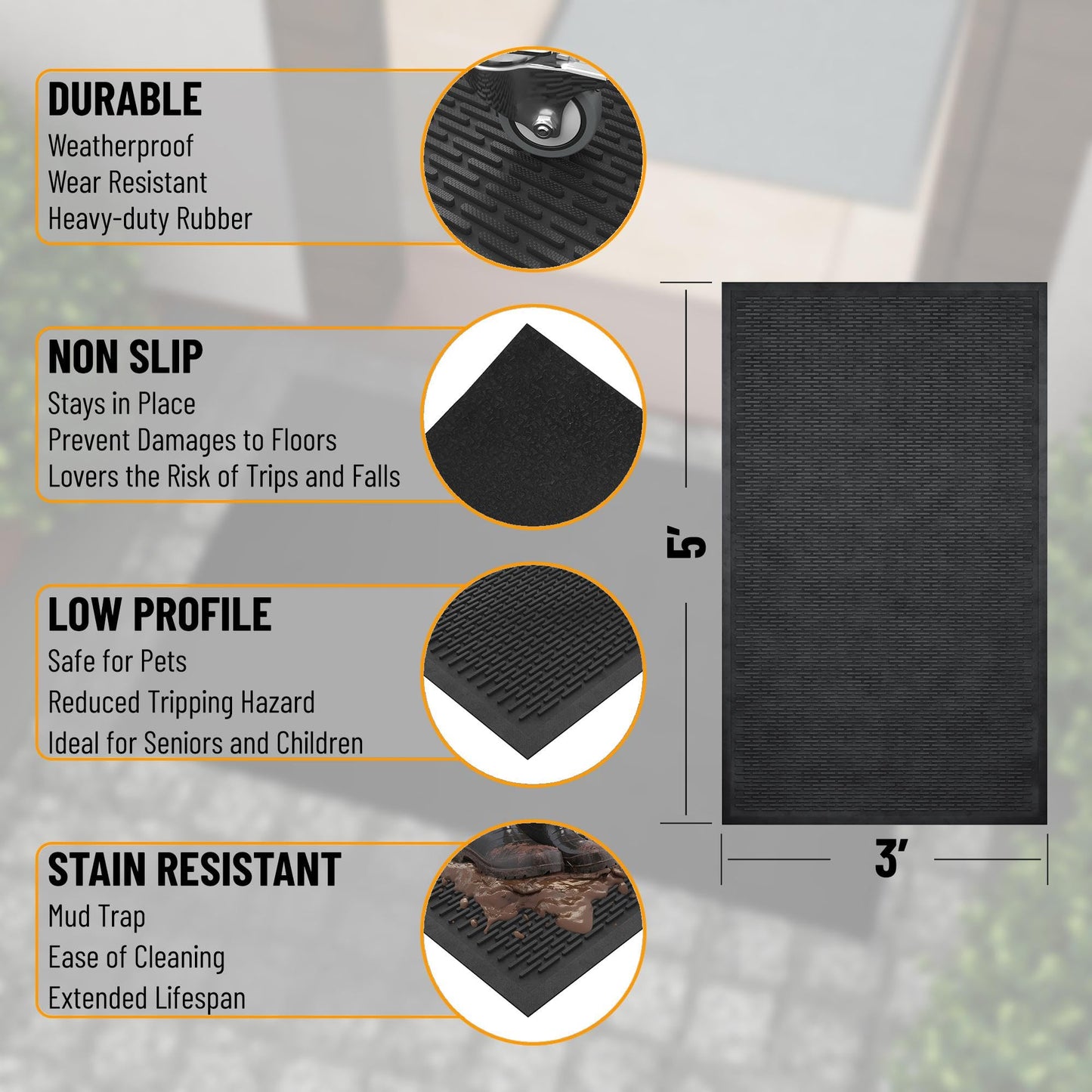 Ottomanson Waterproof Rubber Outdoor Doormat – Heavy-Duty Non-Slip Rubber Floor Mat with Ridge Scraper Pattern, All-Weather Front Door Entry Mat for Mud & Dirt Control – 35" x 60", Black