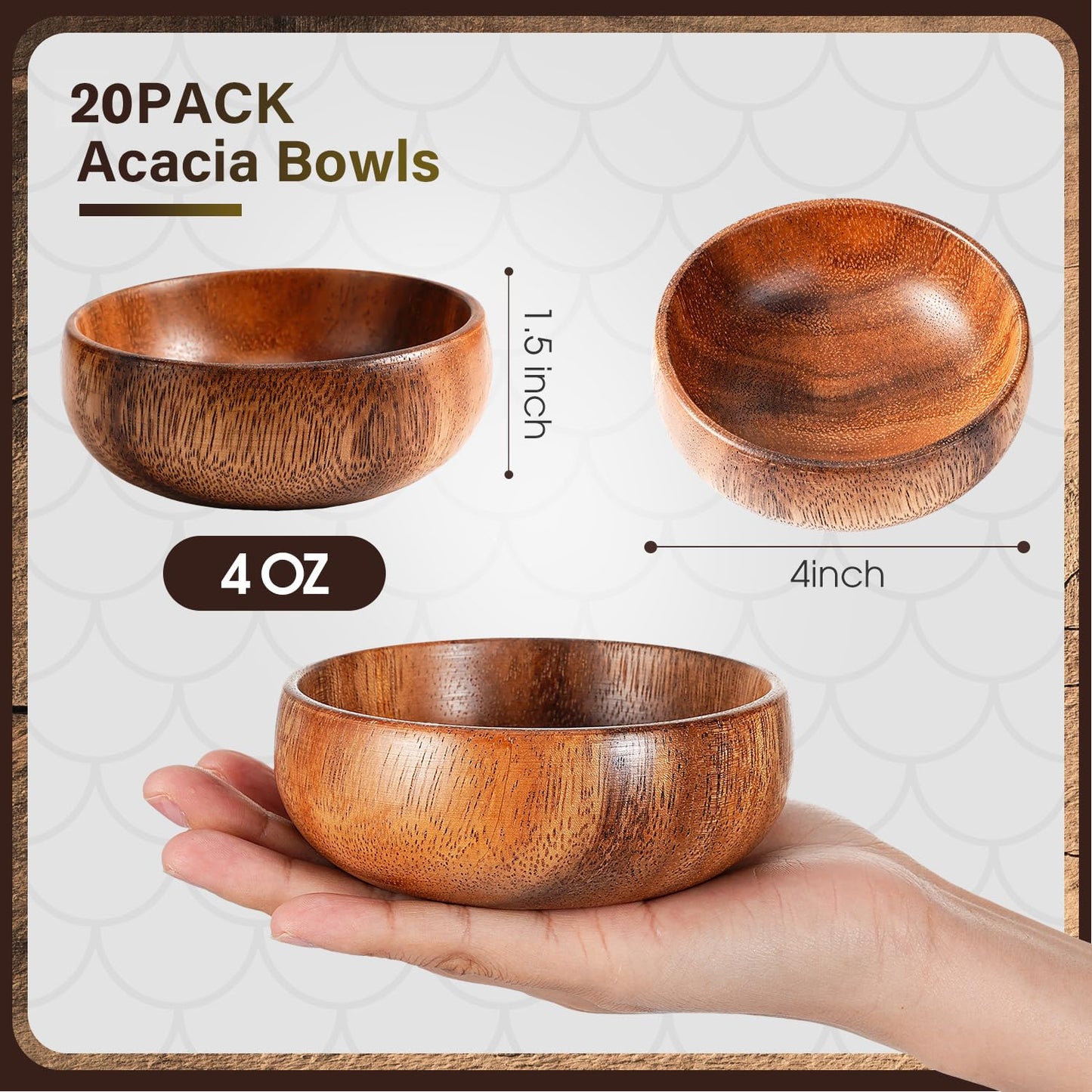 Skylety 20 Pcs Acacia Wooden Bowls Small Calabash Bowls Round Wood Salad Hand Carved Calabash Dip Tray for Serving Popcorn Pasta Candy Cereal Coconut Nuts Sauce Appetizers Kitchen (4 Inch)