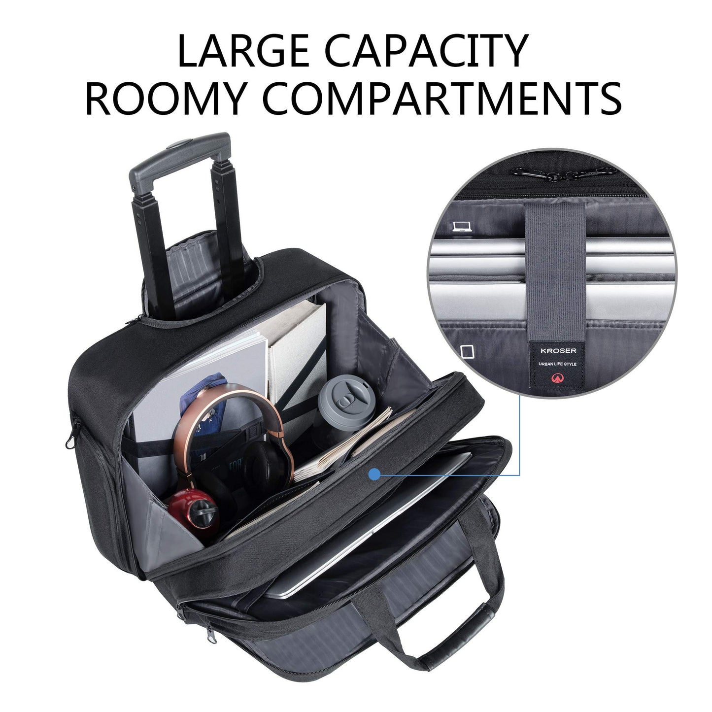 KROSER Rolling Premium Briefcase Fits Up to 17.3 Inch Laptop Water-Repellent Overnight Computer Bag with RFID Pockets for Travel/Business/School/Men/Women-Black