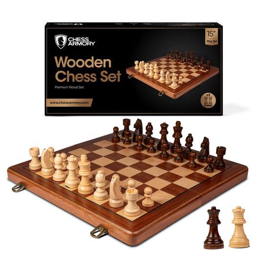 Chess Armory Wooden Chess Set 15 Inch - Premium Sapele Wood Handcrafted Game Board for Adults and Kids with Extra Queen Pieces and Storage Box - Ideal for Home and Travel - Non-Magnetic