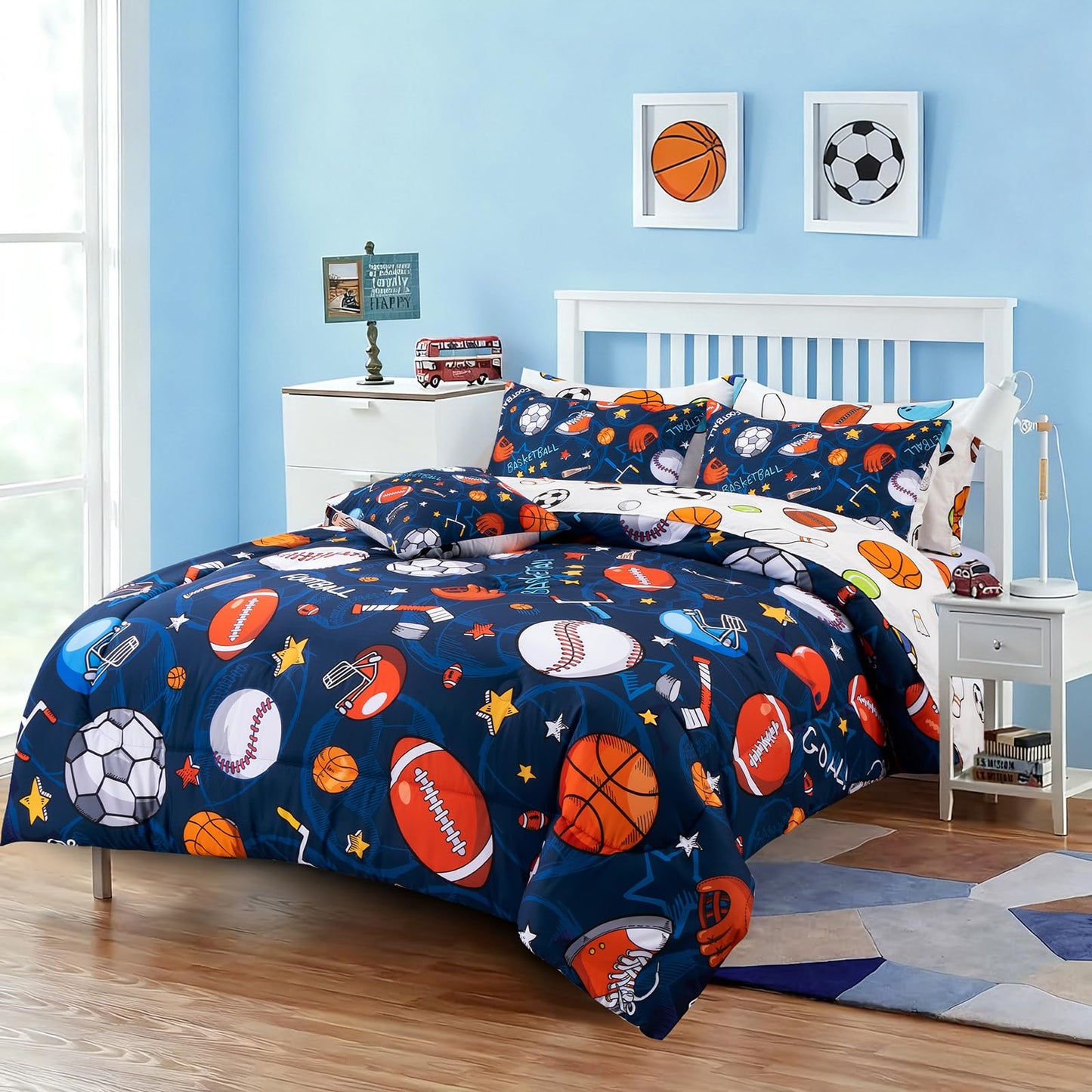 A Nice Night 6Pcs Bed in A Bag Twin Sports Microfiber Modern Comforter Set,Navy Rugby Ball Printed Bedding Collections,for Boys Kids Teen