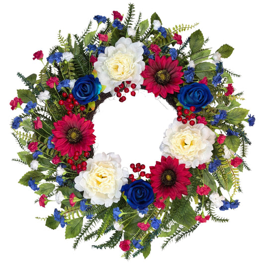 24 Inch Patriotic Wreath for Front Door – Sunflowers, Peonies, Roses & Berries 4th of July Wreath – Memorial Day, Independence Day, Flag Day Decor – Indoor Outdoor Porch Wall Window Summer Decoration