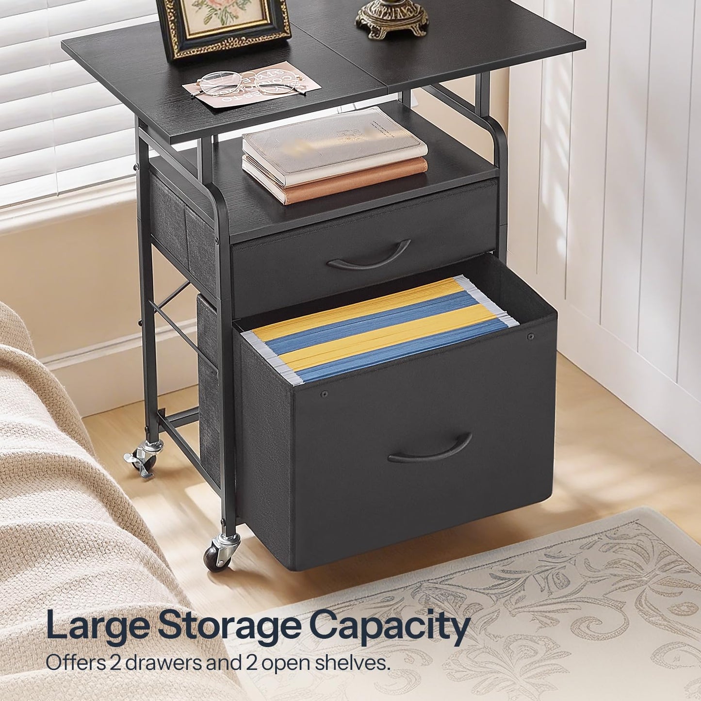 HOOBRO Printer Stand, Printer Table with Drawers, Mobile Filing Cabinet with Charging Station, Printer Cart for Home Office, Living Room, Black BB15UPS01