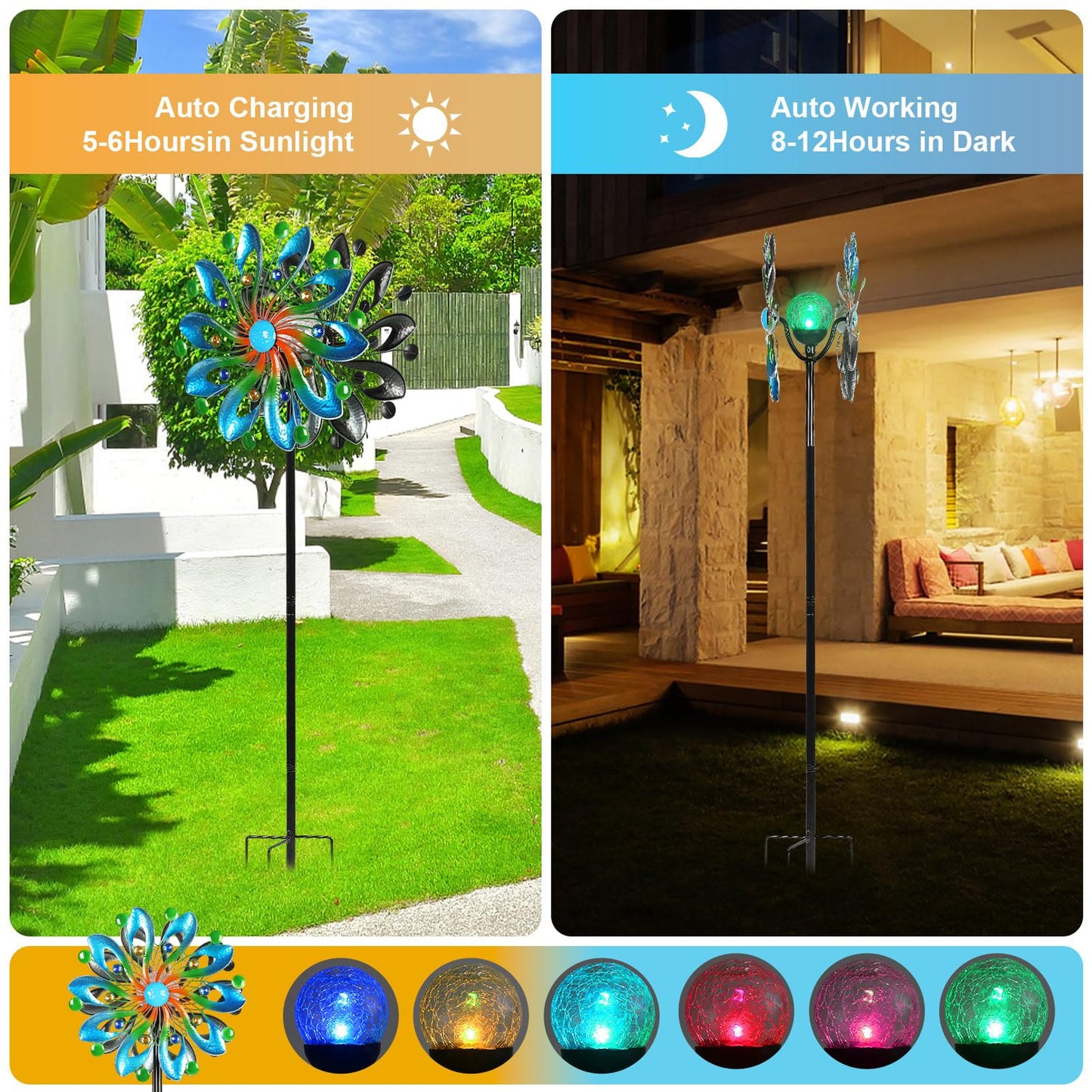 MLKNK Wind Spinners for Yard and Garden - Wind Sculptures & Spinners, 75 Inch, Navy Blue, Kinetic Art with Solar Powered Multi-Color Glass Ball Light