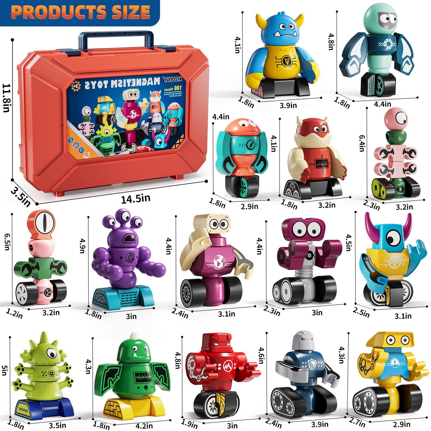 KIZONLY Magnets Robot Building Toys for Kids Ages 3-5 4-8 - 106 PCS Monsters Toys Robot Stacking Building Blocks Set with Storage Box, Creative Learning Christmas and Birthday Gifts for Boys Girls 2-4