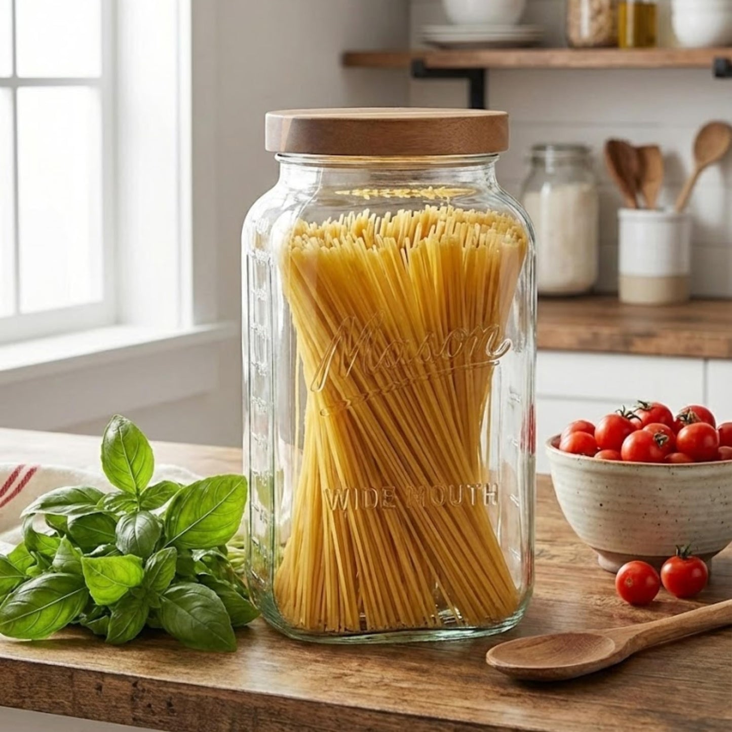 kitchentoolz 2 Gallon Glass Mason Jar with Airtight Wooden Lid – Wide Mouth Square Storage Container with Measurement Marks – Ideal for Pantry Organization, Dry Goods & Food Prep