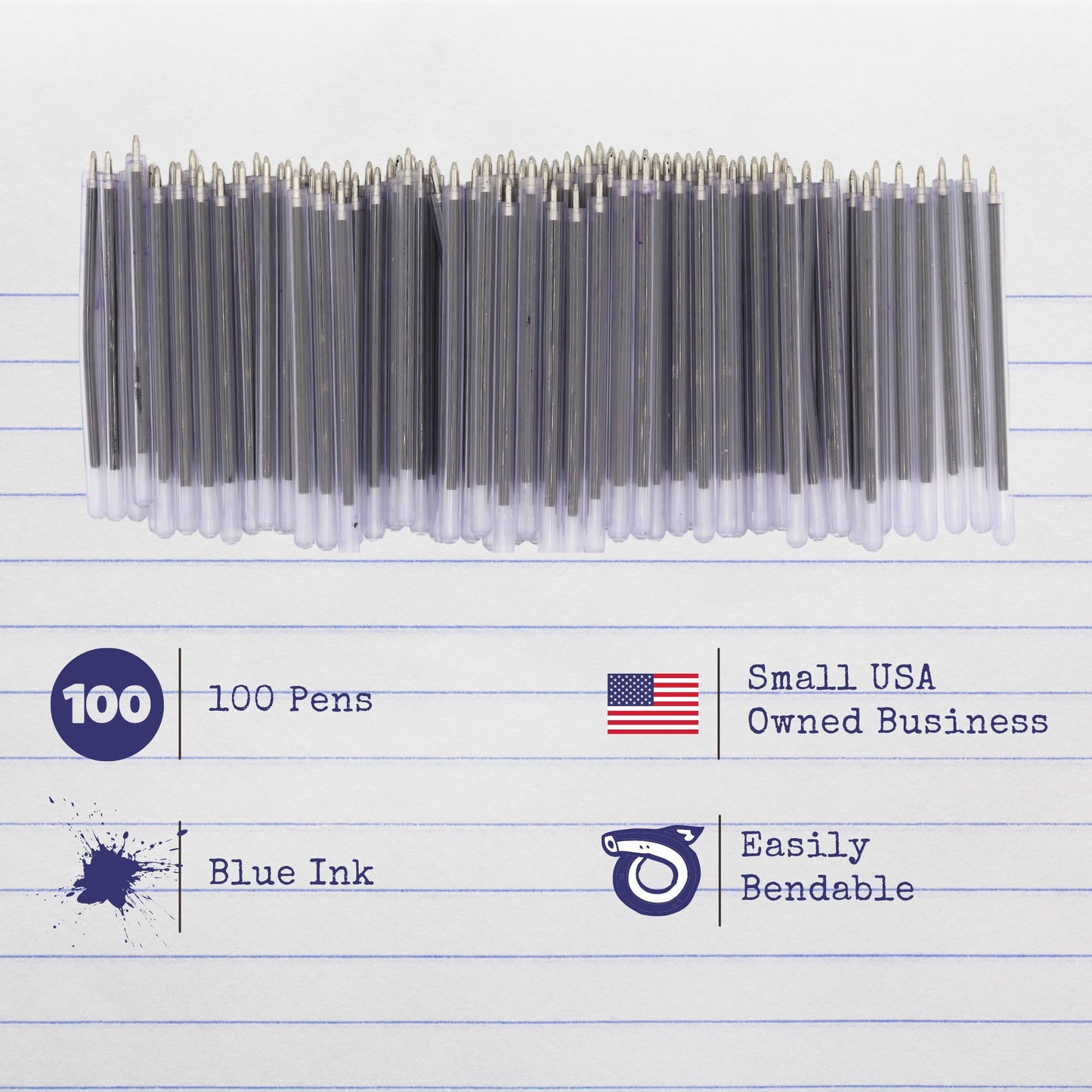 Diochey Creations Flexible Safety Pens 100 Pack of Pens For Mental Health, Mental Health Hospital, Jail, and Prison Super Bendable with Blue Ink | 3.8 Inches Safe & Flexible for Hospitals (100 Pack)