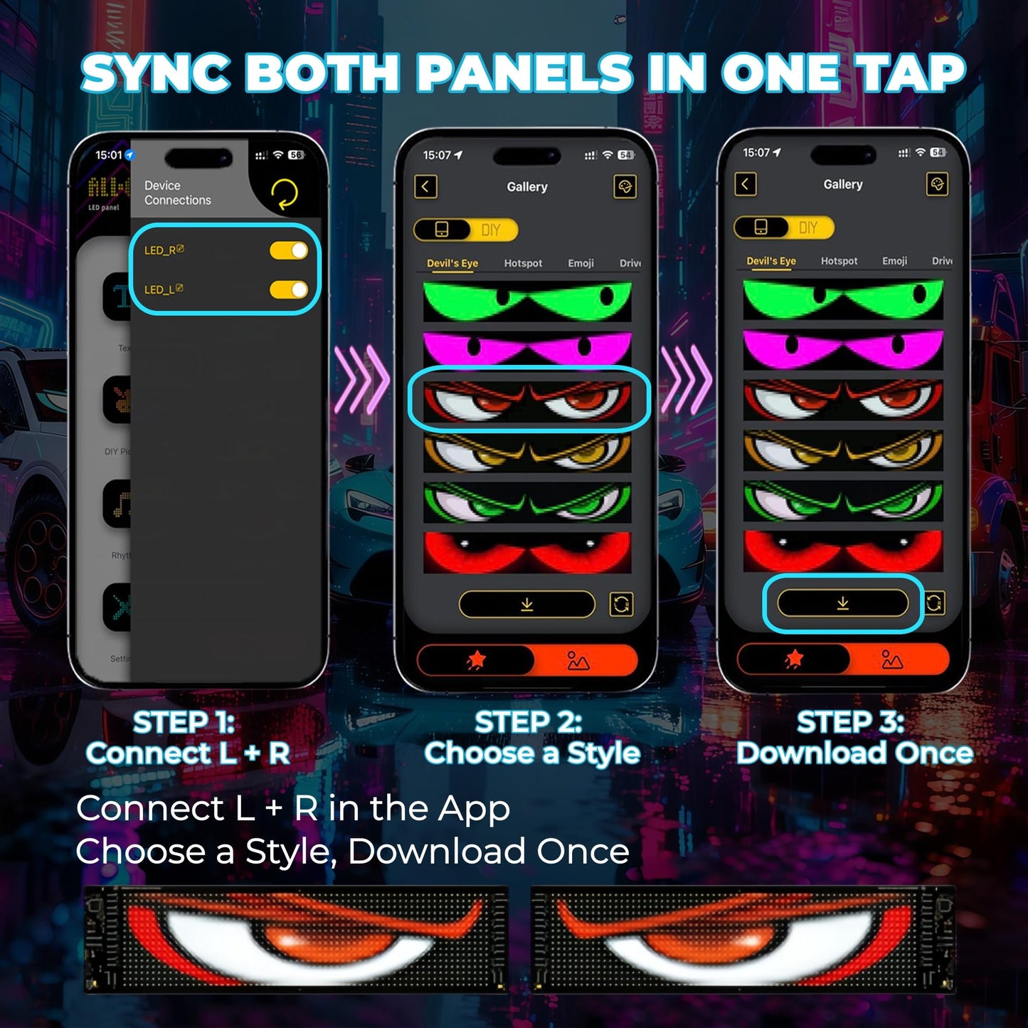 YOUBISON 2PCS 23"x5" Devil Eyes Light for Windshield – Dual Screen Sync, LED Eyes for Cars/Trucks/SUVs/RV, App Controlled Animated Windshield LED with Custom Text & Graphics
