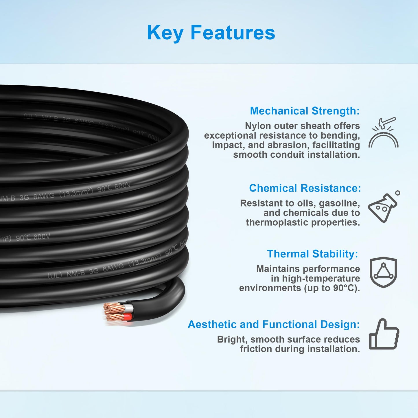 6/3 NM-B Wire with Ground,25FT,Non-Metallic Sheathed Cable, 6/3+10/1 AWG,Electrical Wire for Residential Building, Indoor and Outdoor Wiring Projects, Lighting