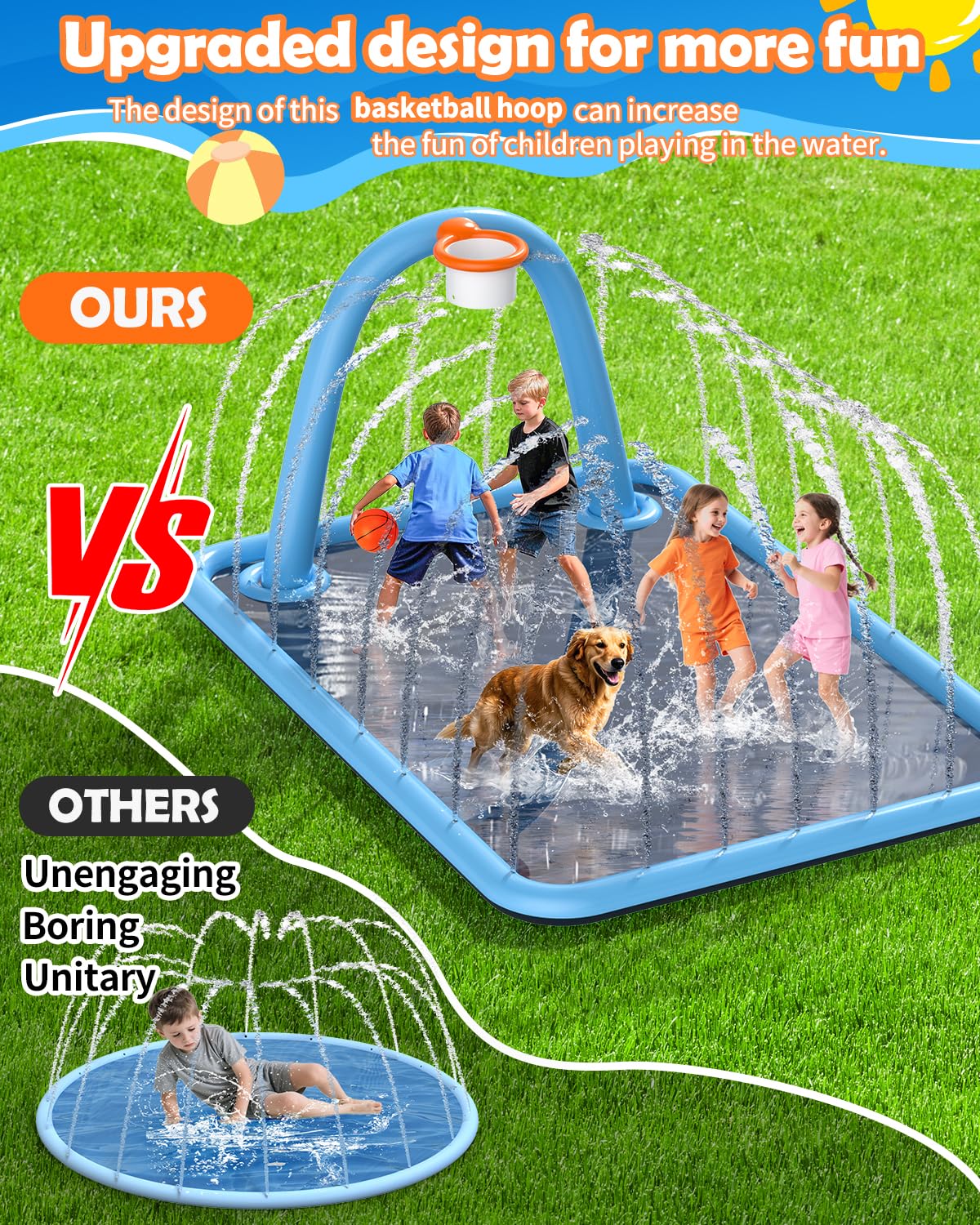 Octplay Splash Pad with Basketball Hoop - 102x87'' Large Sprinkler Pad for Kids & Dogs Pets | Thickened Non-Slip Splash Mat, Foldable Water Play Pool & Outdoor Summer Toys Ages 3+
