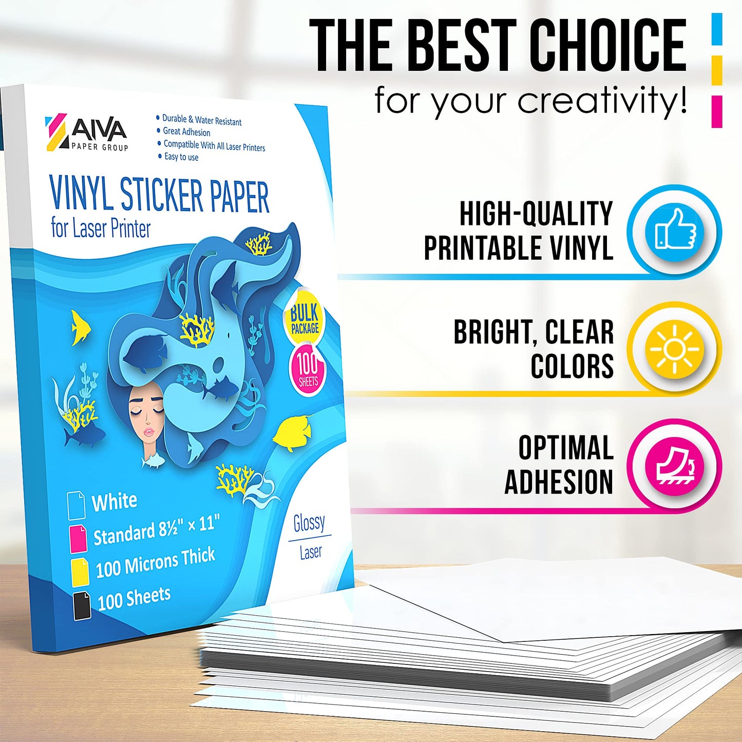 Printable Vinyl Sticker Paper for Laser Printer - Glossy White - 100 Self-Adhesive Sheets - Waterproof Decal Paper - Standard Letter Size 8.5"x11"