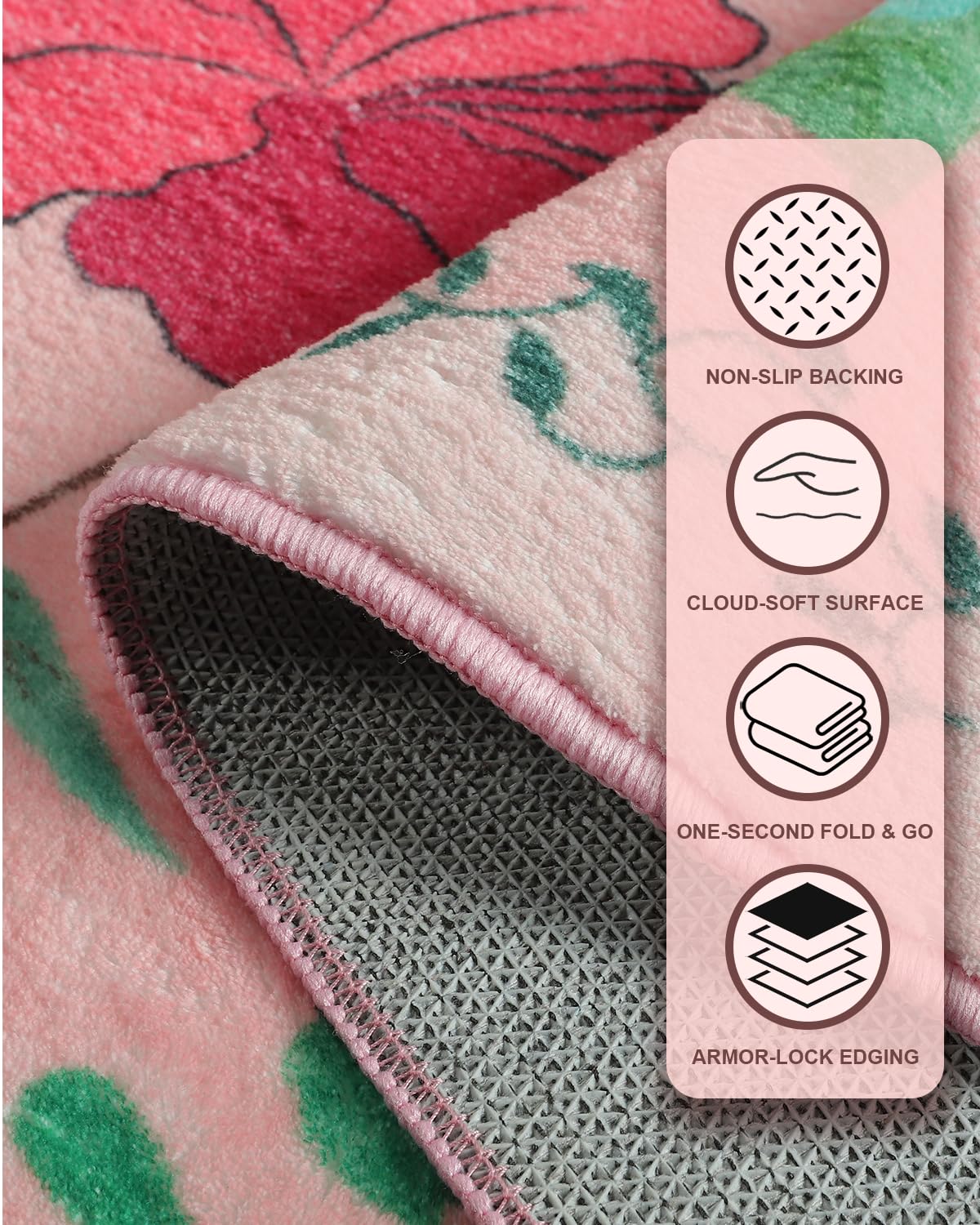 Boho Washable Area Rug 4x6 – Floral Low Pile Non-Slip Carpet for Living Room, Bedroom, Office, Playroom, Entryway, Kitchen, Dining Room (Pink)