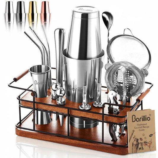 Barillio Bartender Kit – 23-Piece Stainless-Steel Cocktail Shaker Set with Premium African Mahogany Stand | Martini Barware Mixing Tools for Home Bartending | Gift Set