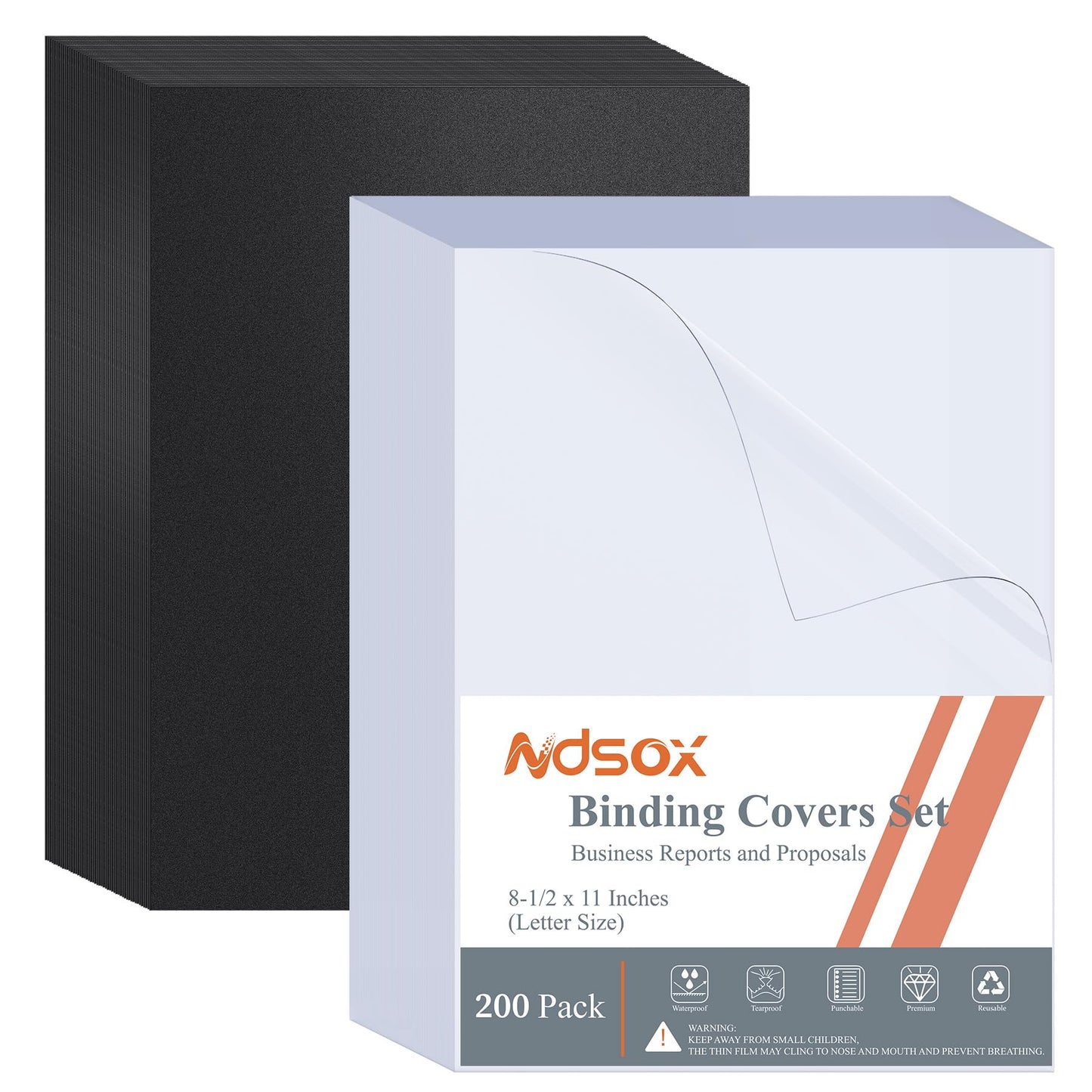 Ndsox 200 Pack Binding Covers and Backs Set 8.5 x 11 Inches Letter Size, 100 8-Mil Clear Binding Covers, 100 12-Mil Black Sand-Textured Binding Presentation Polycovers, Un-Punched, Square Corners