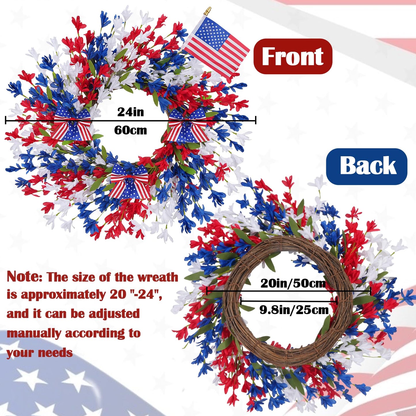 GTIDEA 24'' Patriotic Wreaths for Front Door, American 4th of July Wreath on Grapevine with Red White and Blue Forsythia Flag Bowknot Summer Wreaths for Home Wall Memorial Day Independence Day Decor