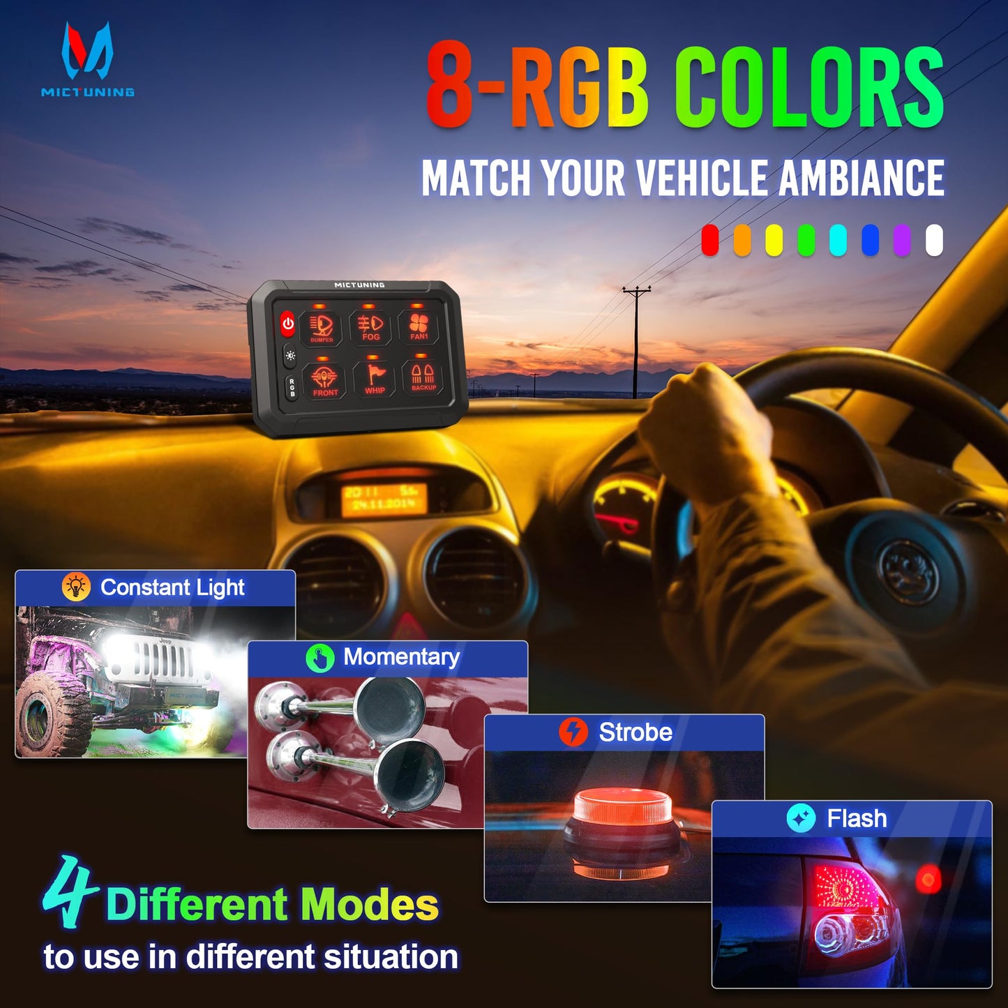 MICTUNING P1s RGB 6 Gang Switch Panel, Multifunction Toggle Momentary Strobe Pulsed Switch Pod with Backlit Off 5 Level Brightness Circuit Control Relay System Box for Truck RV Offroad Marine