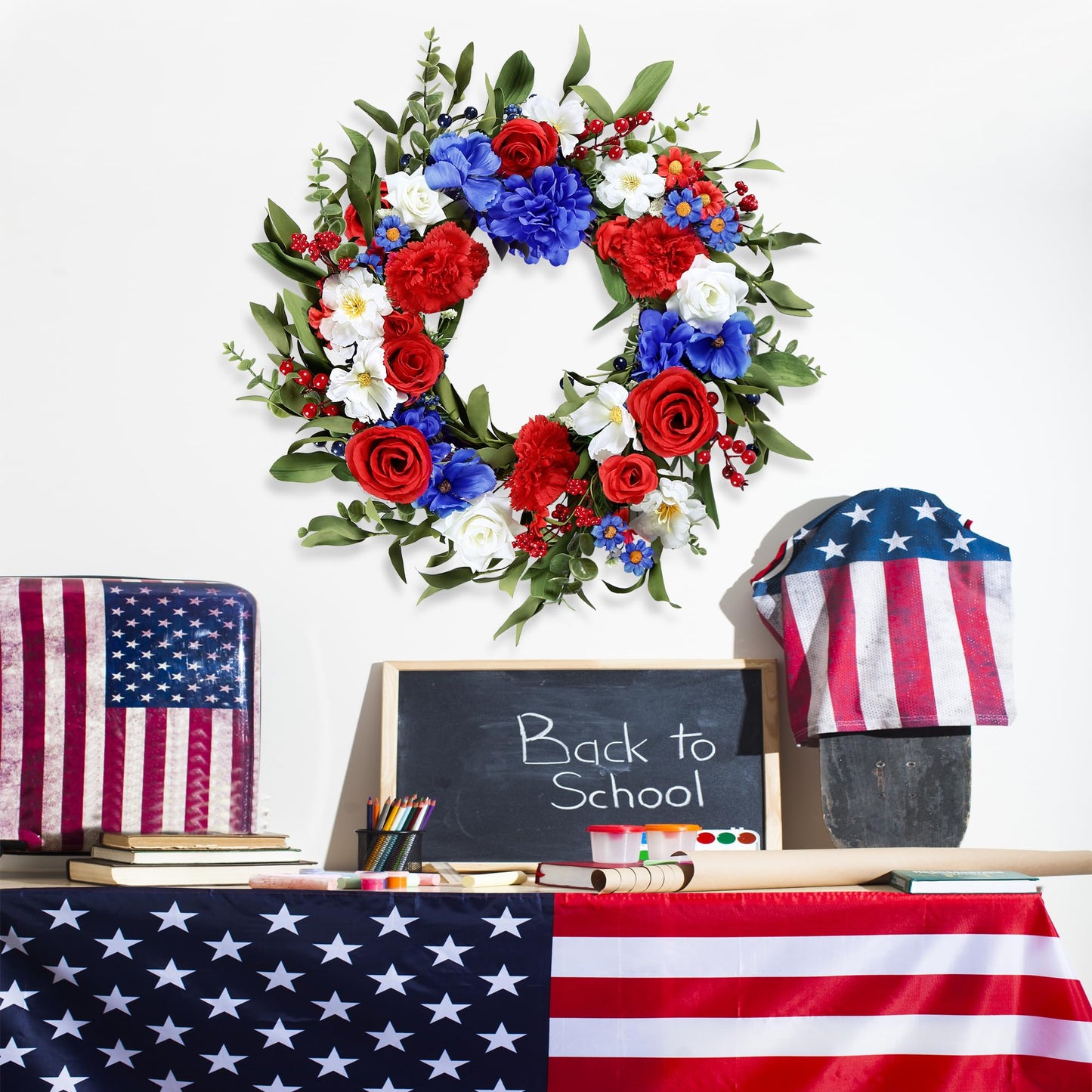 Sggvecsy 20Inch 4th of July Patriotic Day Wreath for Front Door with Artificial Floral Red Blue White Flower Roses Hydrangea Daisy Patriotic Decorations for Memorial Day Independence Day Veterans Day