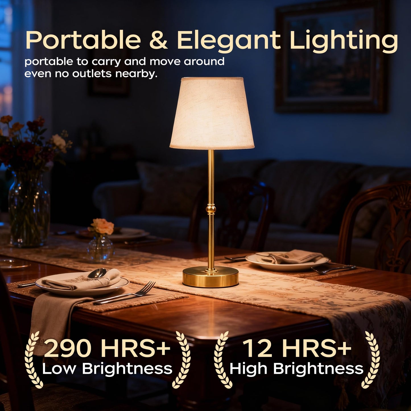 Cordless Table Lamp Rechargeable, 6000mAh Battery Operated LED Lamp with USB-C, Touch Control Stepless Dimmable Small Gold Fabric Lamp for Kitchen Counter, Small Spaces, Bedroom, Living Room 2PCS