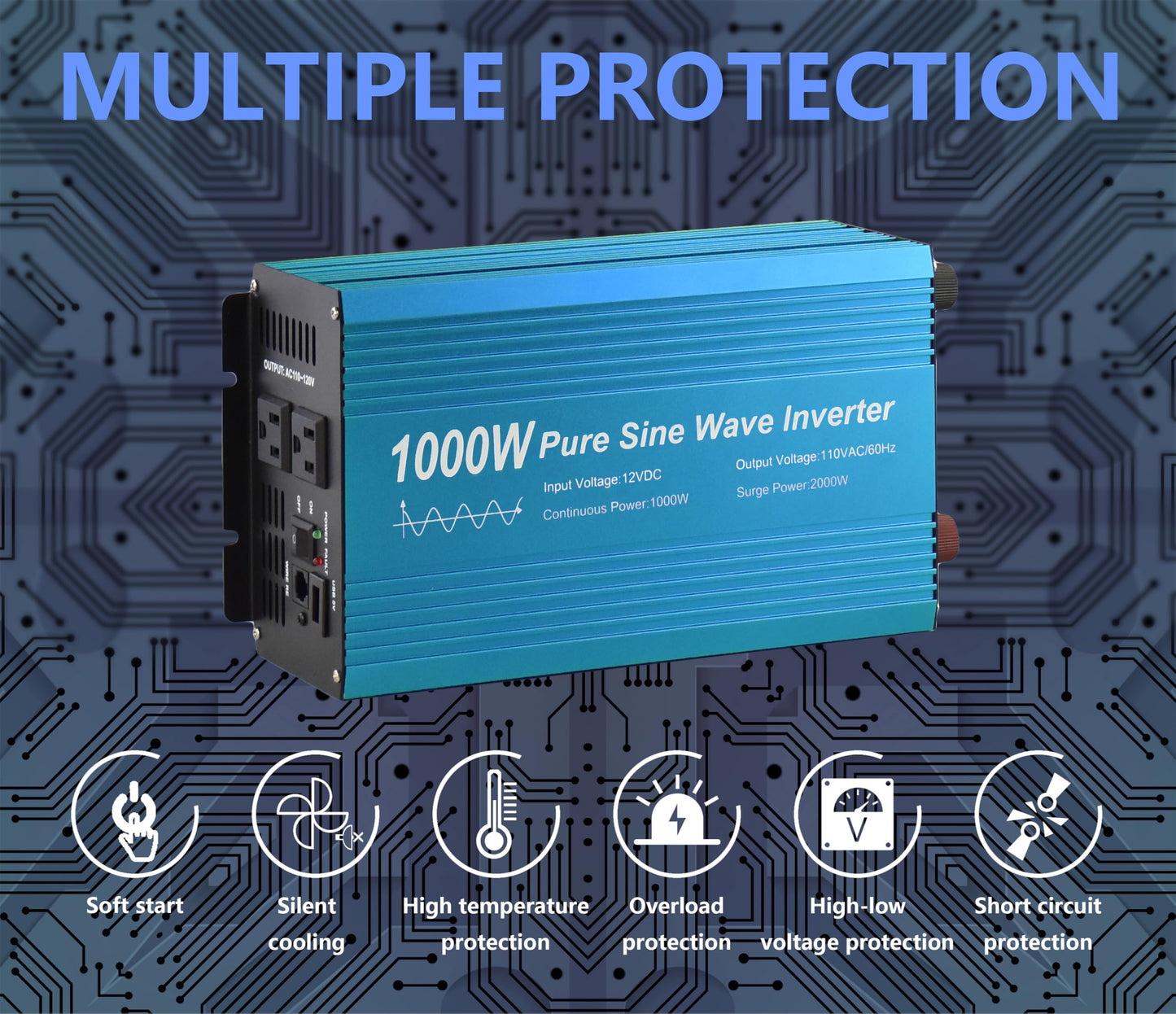 Fit4Less Pure Sine Wave Power Inverter 1000W DC12V to AC 110V with Dual sockets and USB, LCD Remote kit. (1000W)