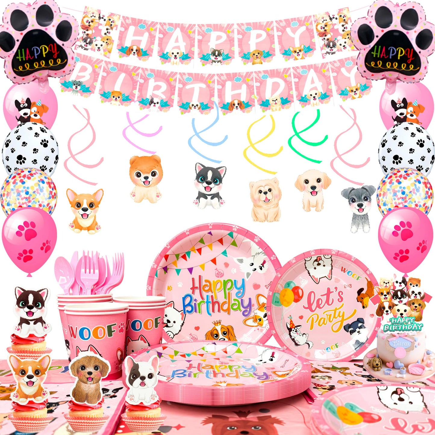 Pink Puppy Birthday Decorations Tableware for 16 Guests, Pink Puppy Plates Cups Napkins Dog Party Banner Balloons Cupcake Toppers etc Dog Birthday Party Supplies