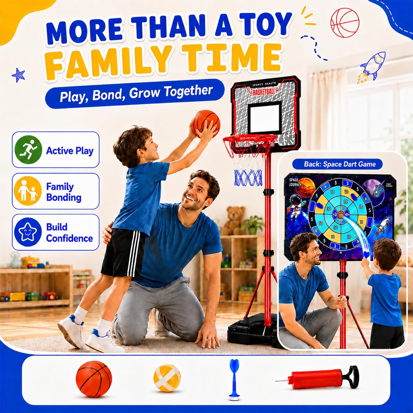 MinoSkia 3-in-1 Kids Basketball Hoop with Dart Game, Height Adjustable 3.5-6.2FT Indoor Outdoor Portable Kids Basketball Hoop for Boys & Girls Ages 3-8, Includes Pump & Balls, Space Theme Dart Board