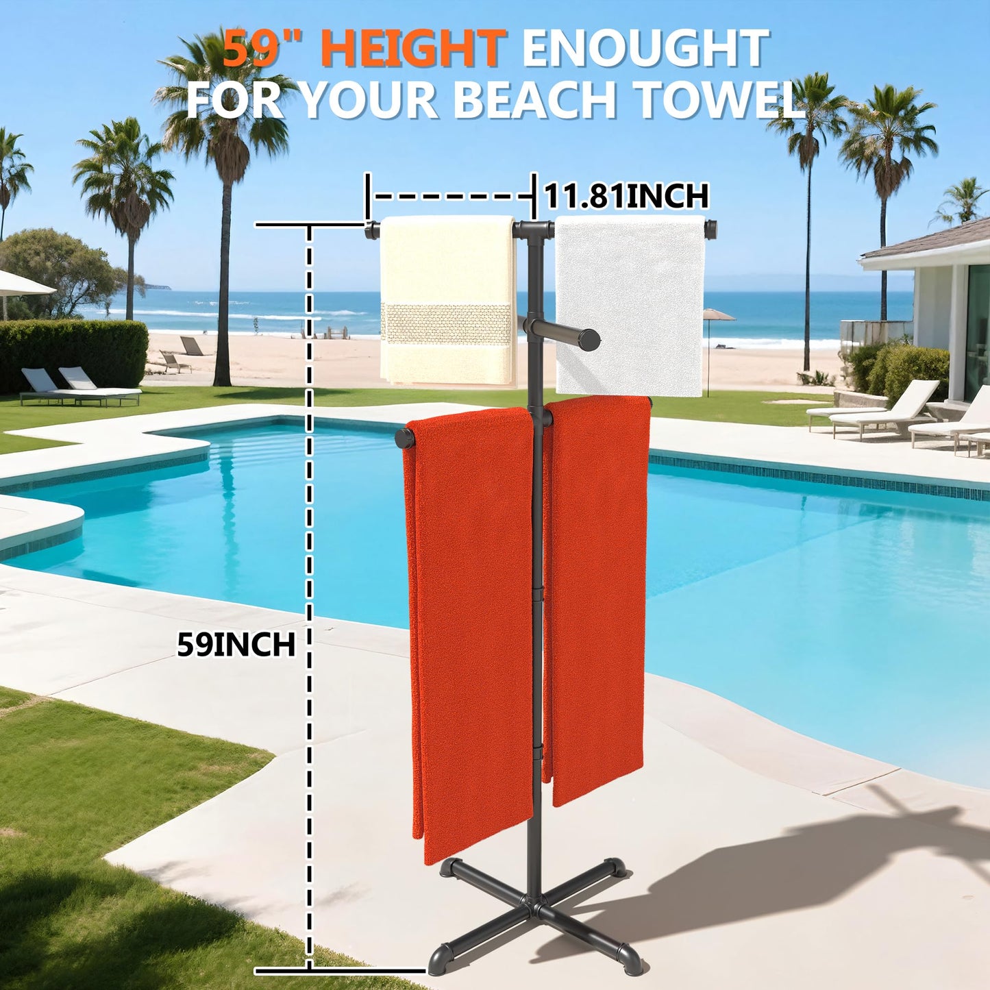 Hjarta Outdoor Towel Rack for Pool, 59 Inch Pool Towel Holder with 6 Bars, Poolside Towel Racks for Outdoor, Towel Drying Rack for Pool Area Outside, Bathroom, Spa, Hot Tub