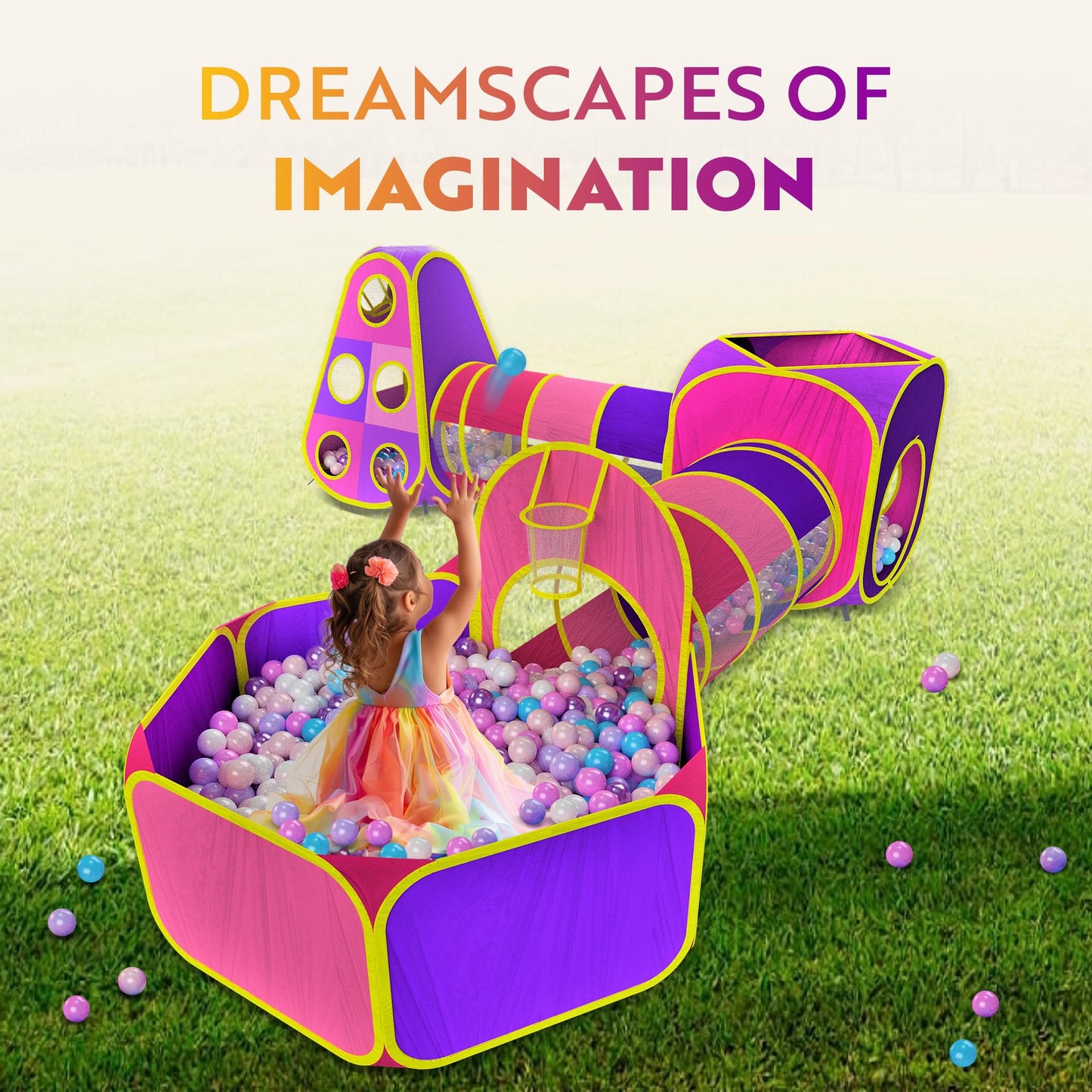 Playz 5pc Kids' Play Tents & Tunnels - Ball Pit for Toddlers, Basketball Hoop, Crawling Tubes, Pop-Up Playhouses, Baby Obstacle Course for Indoor or Outdoor Use