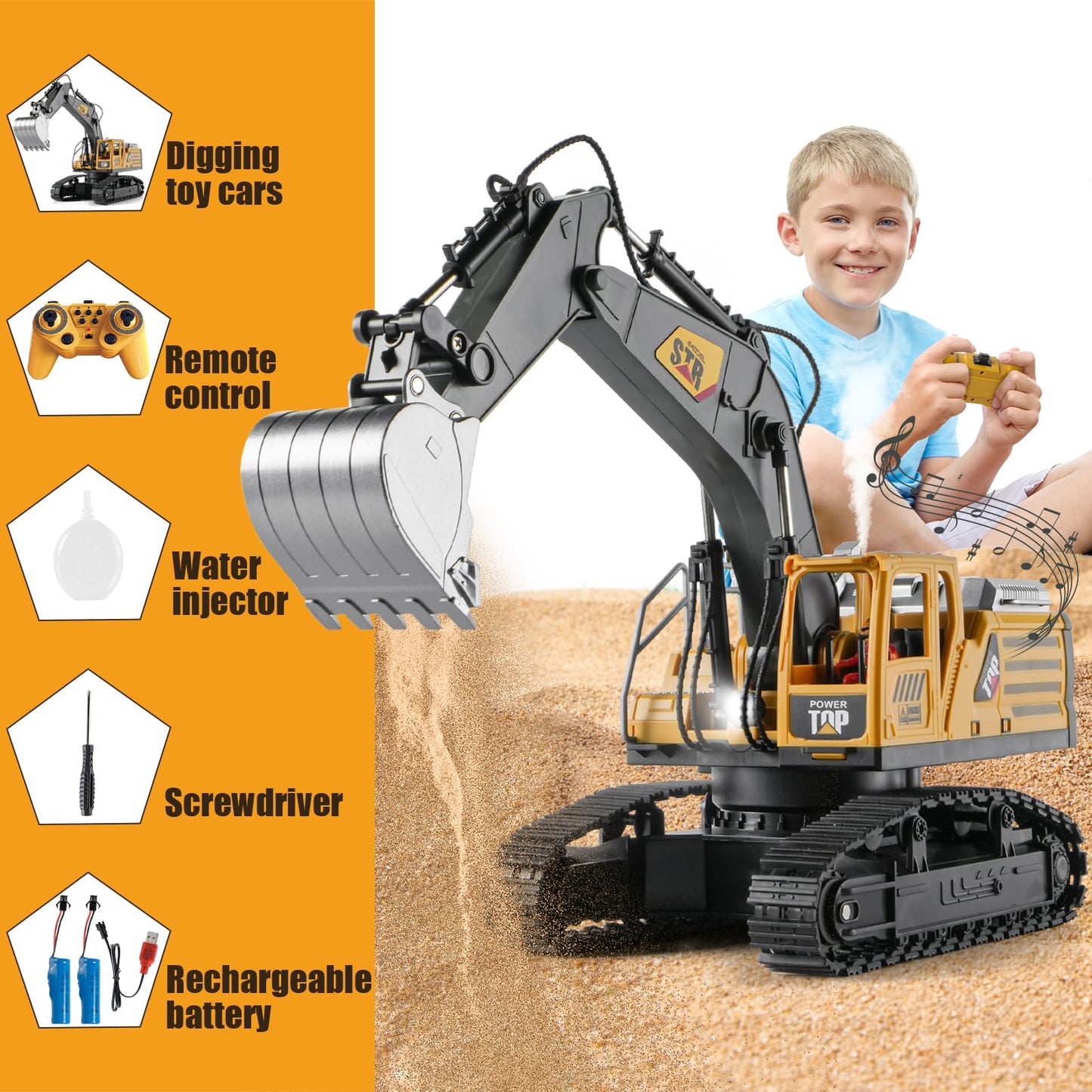 KASQERT Remote Control Excavator Toys for Boys,14 Channel RC Digger Construction Toys Tractor,Simulated Smoke, Sound, Lighting, Metal Digging Head, for Boys 6 7 8 9 10 11 12