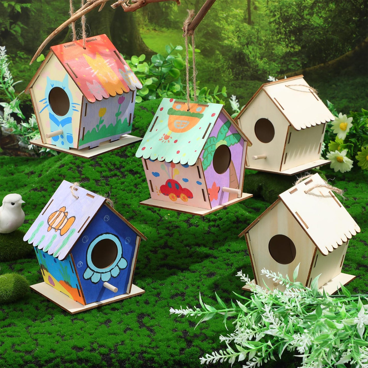 DoubleFill 4.3" Wooden Bird Houses Bulk for Kids DIY Kid Art Craft Outdoor Birdhouse Kit Unfinished Hanging Birdhouse for Children to Build Wooden Arts and Craft for Girls Boys (24 Pack)