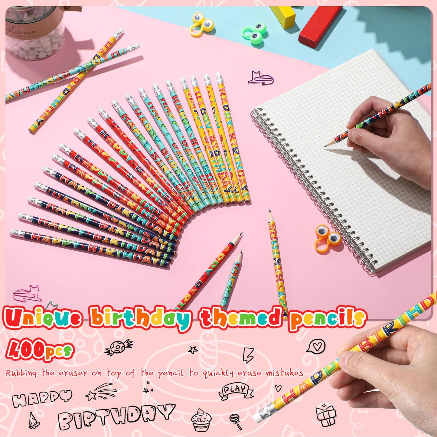 Kosiz 400 Pcs Happy Birthday Pencils Colorful Birthday Pencil Bulk Back to School Wooden Pencils with Top Erasers for Students Teachers Classroom Reward Party Gifts Supplies
