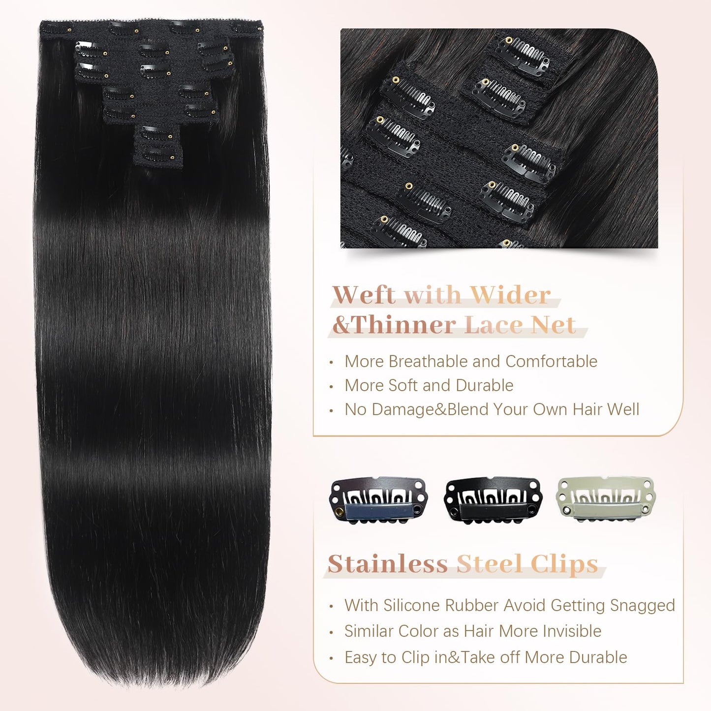 Sisily Clip in Hair Extensions Real Human Hair, 24 Inch Premium Human Hair Clip in Extensions Natural Black, Soft Straight Hair Extensions Real Human Hair Clip ins 7PCS Double Weft（24 Inch #1B）