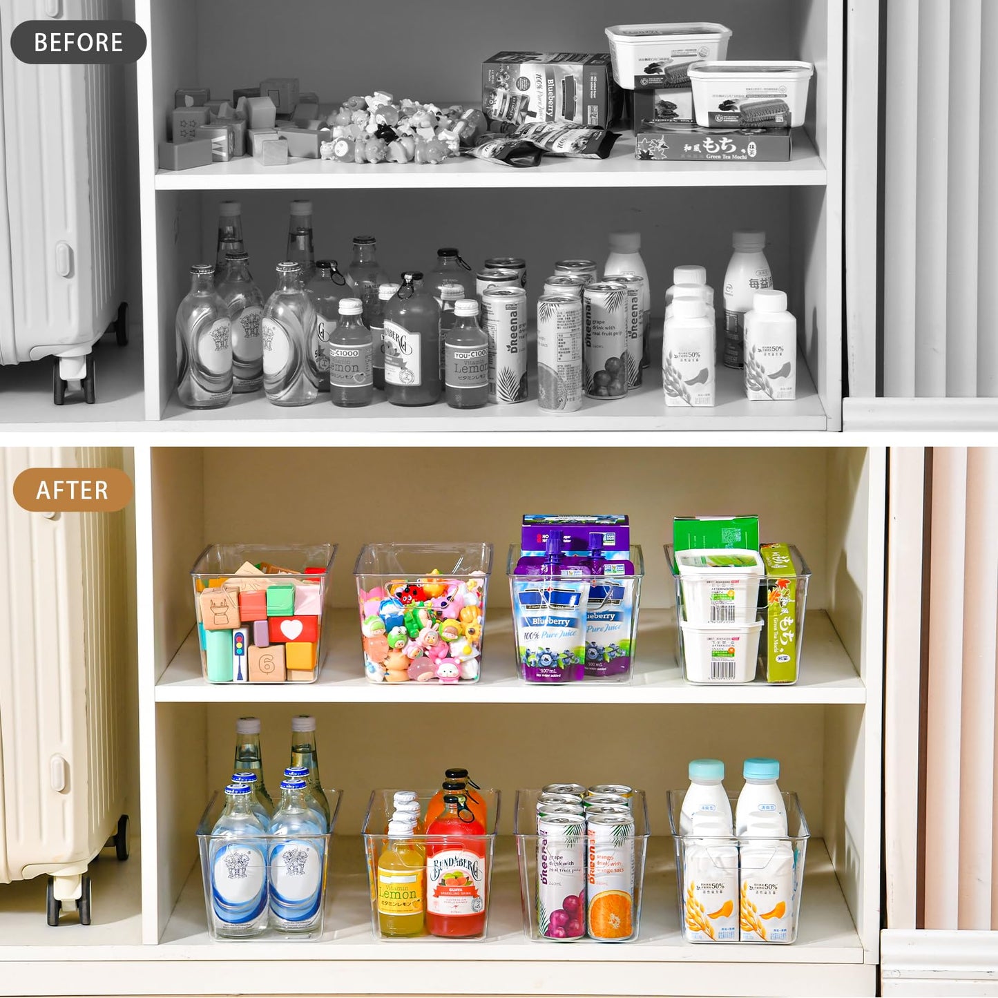 Freebat 12 Pack Middle Organizers and Storage, Pantry Organization and Storage Bins, Cabinet Organizer, Clear Plastic Storage Containers with Handle，Acrylic Storage Bins for Cabinet, Fridge