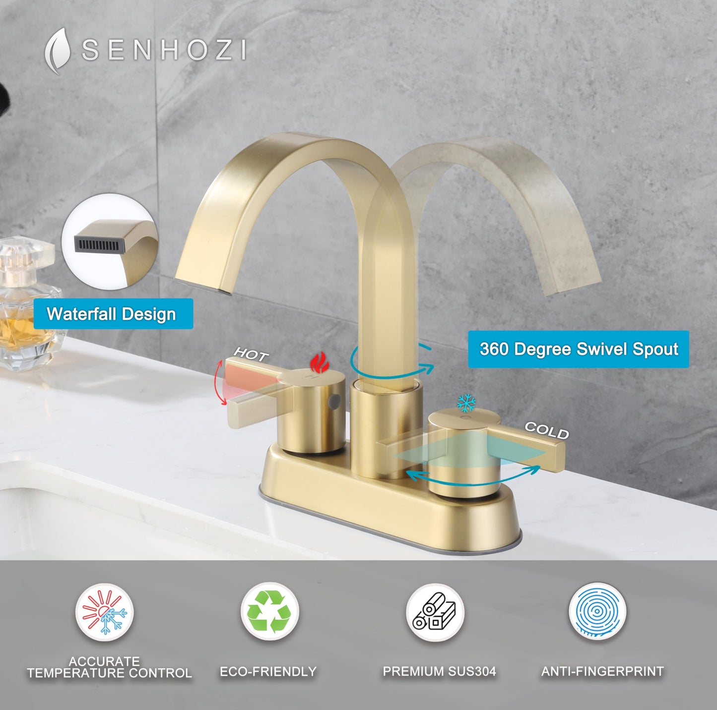 Senhozi Bathroom Sink Faucet 3 Hole Brushed Gold, 2 Handle 4 Inch Centerset Stainless Steel Bathroom Faucet with Pop up Drain and 2 Supply Lines, SE-0048-BG